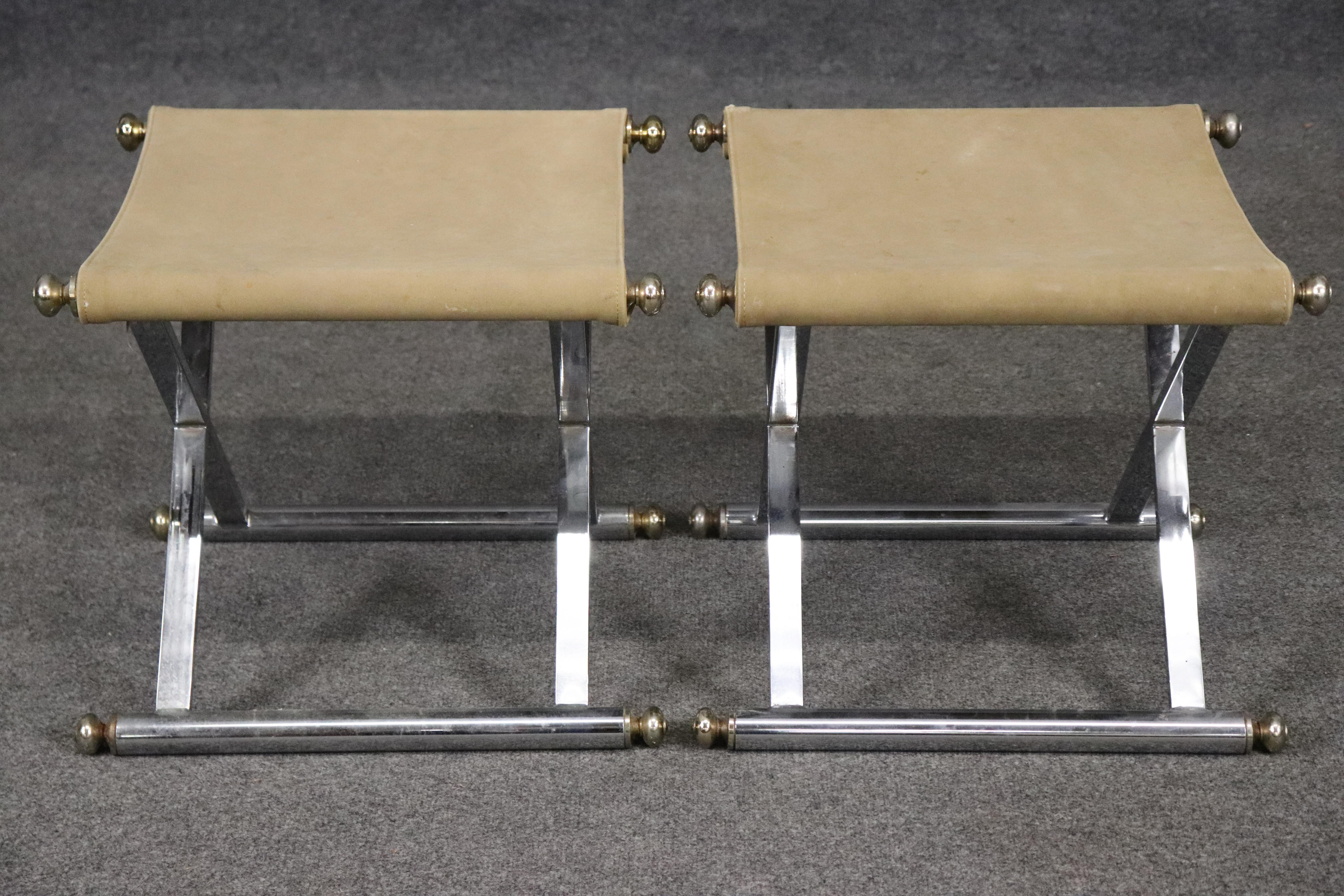 Pair of Steel and Brass maison Jansen Style X Form Benches with Leather In Good Condition For Sale In Swedesboro, NJ