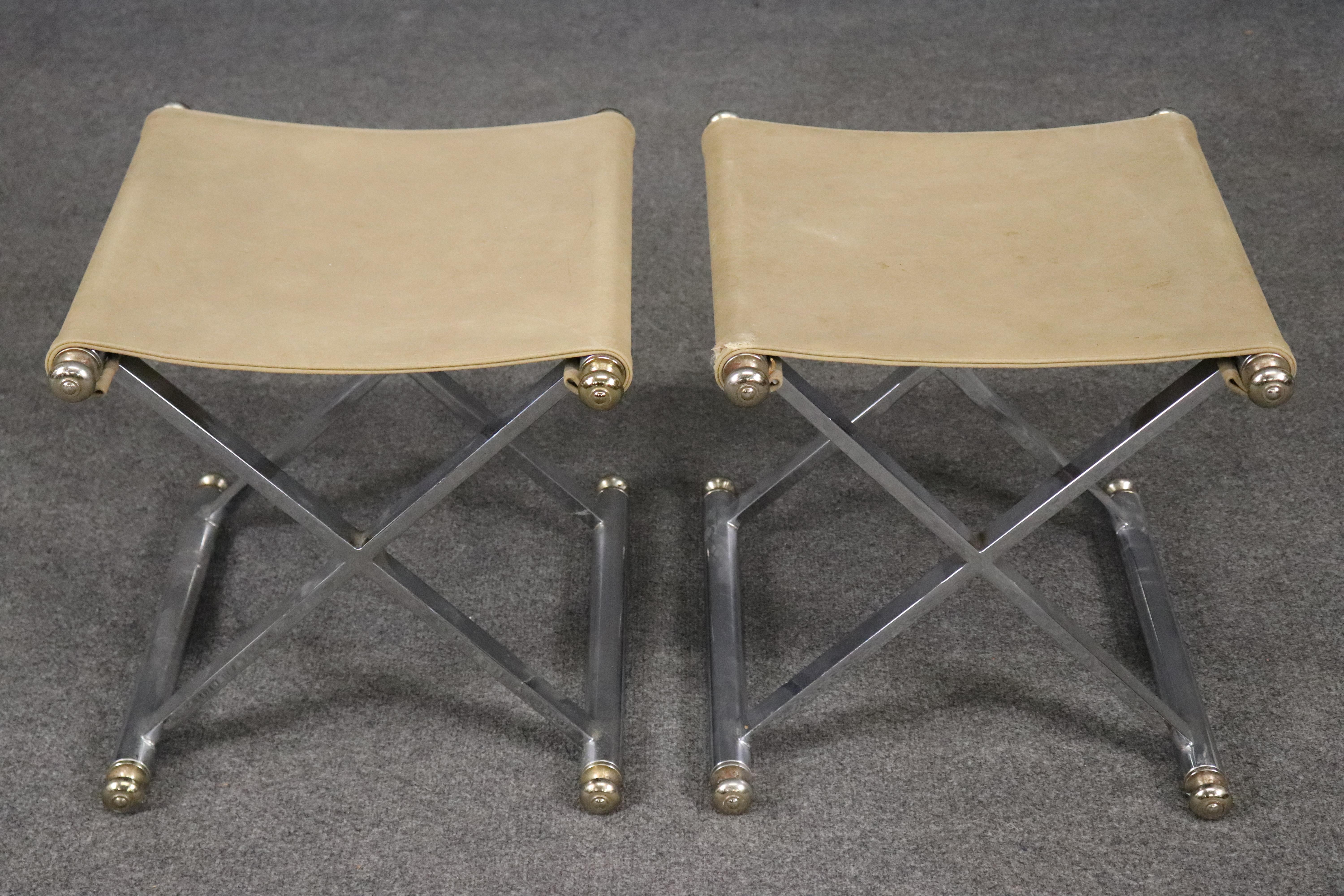 Late 20th Century Pair of Steel and Brass maison Jansen Style X Form Benches with Leather For Sale