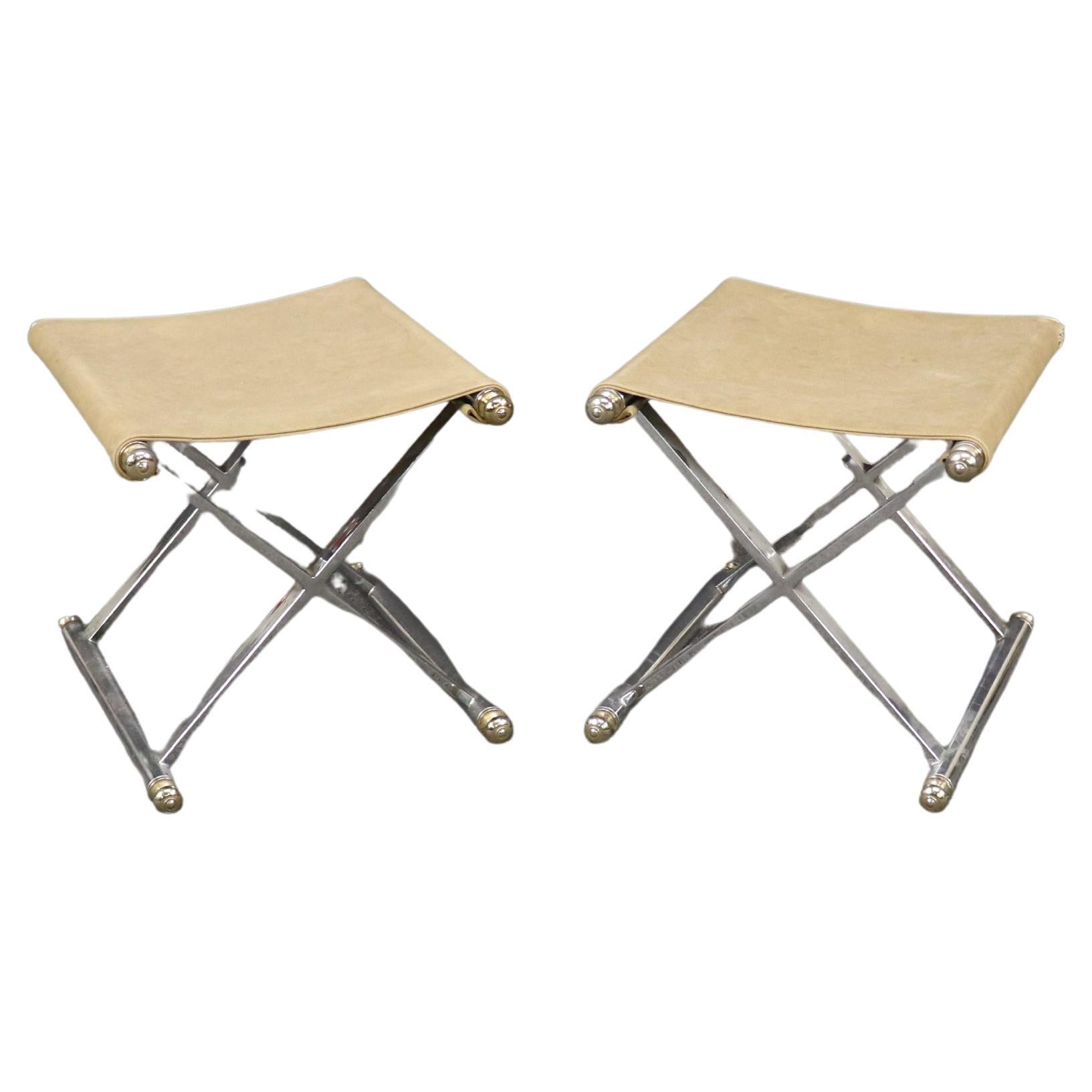 Pair of Steel and Brass maison Jansen Style X Form Benches with Leather