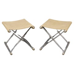 Pair of Steel and Brass maison Jansen Style X Form Benches with Leather