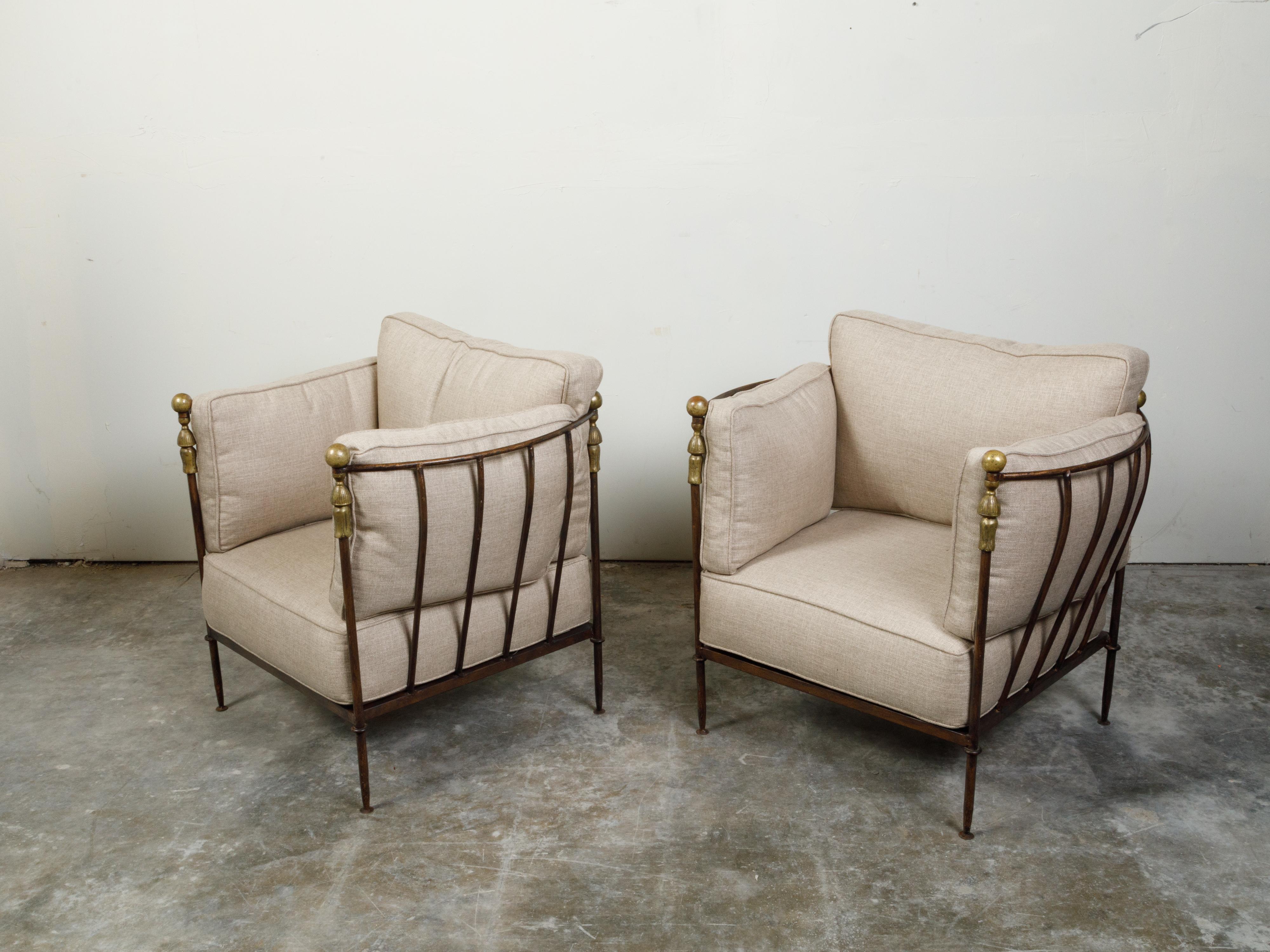 Mid-Century Modern Pair of Steel and Brass Midcentury Club Chairs with Custom Upholstery