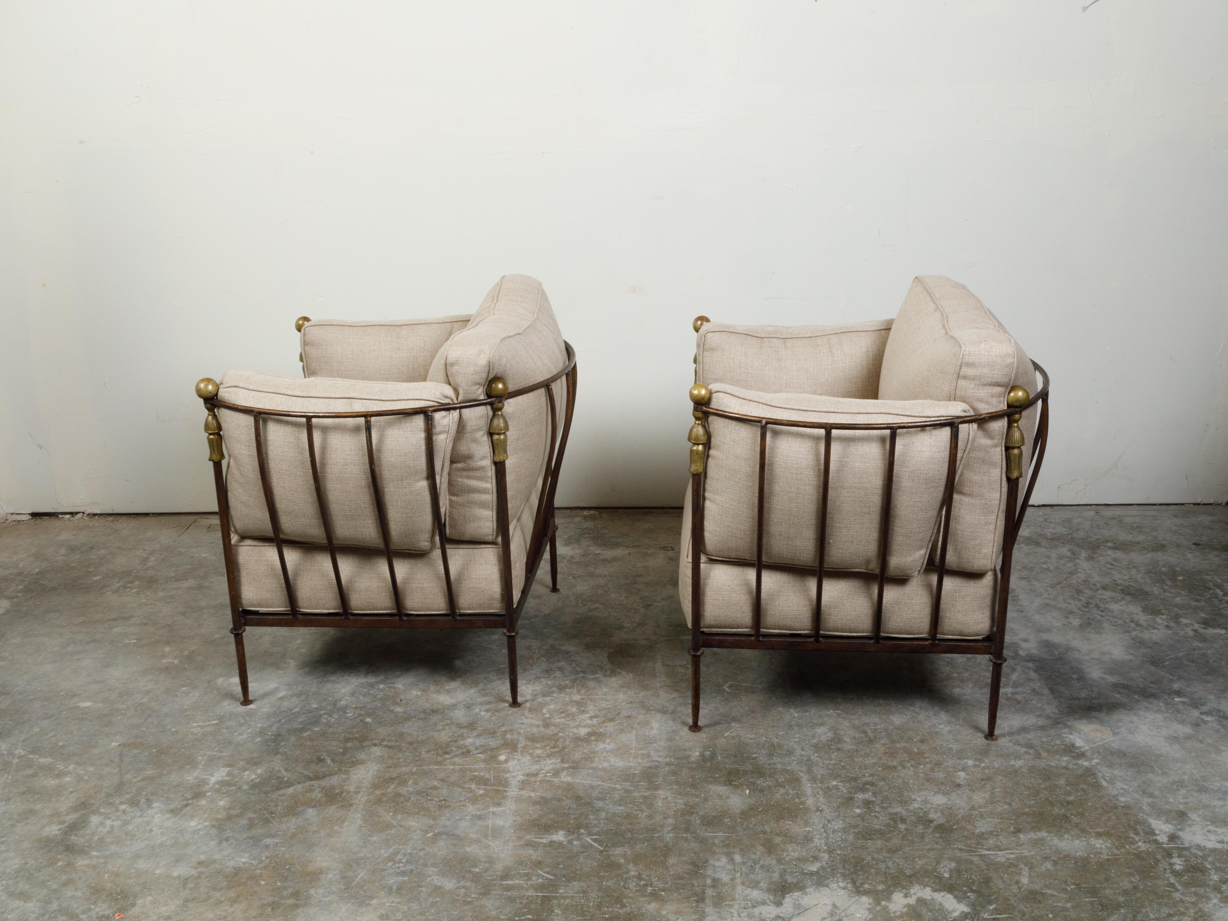 American Pair of Steel and Brass Midcentury Club Chairs with Custom Upholstery