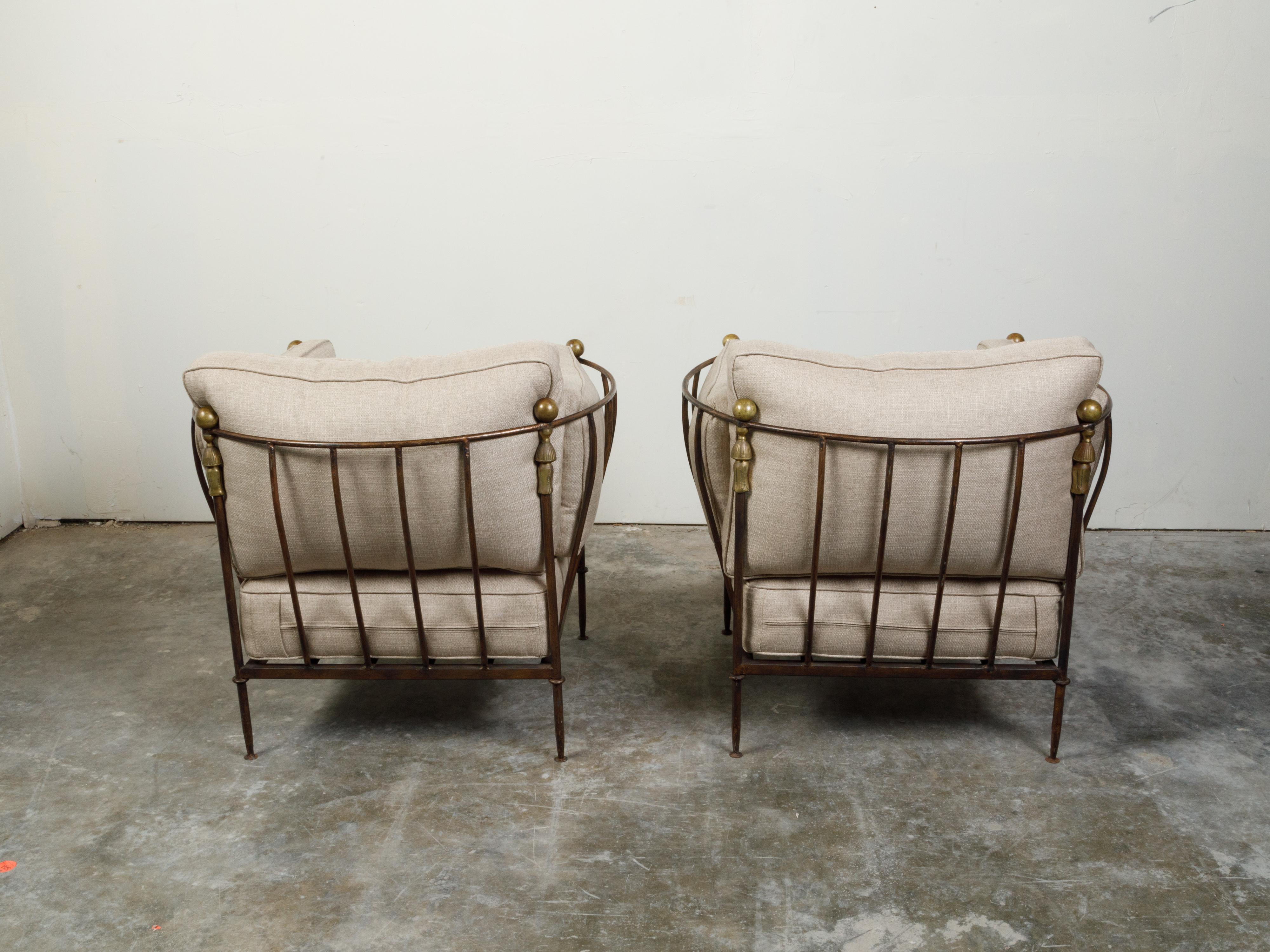 Pair of Steel and Brass Midcentury Club Chairs with Custom Upholstery In Good Condition In Atlanta, GA