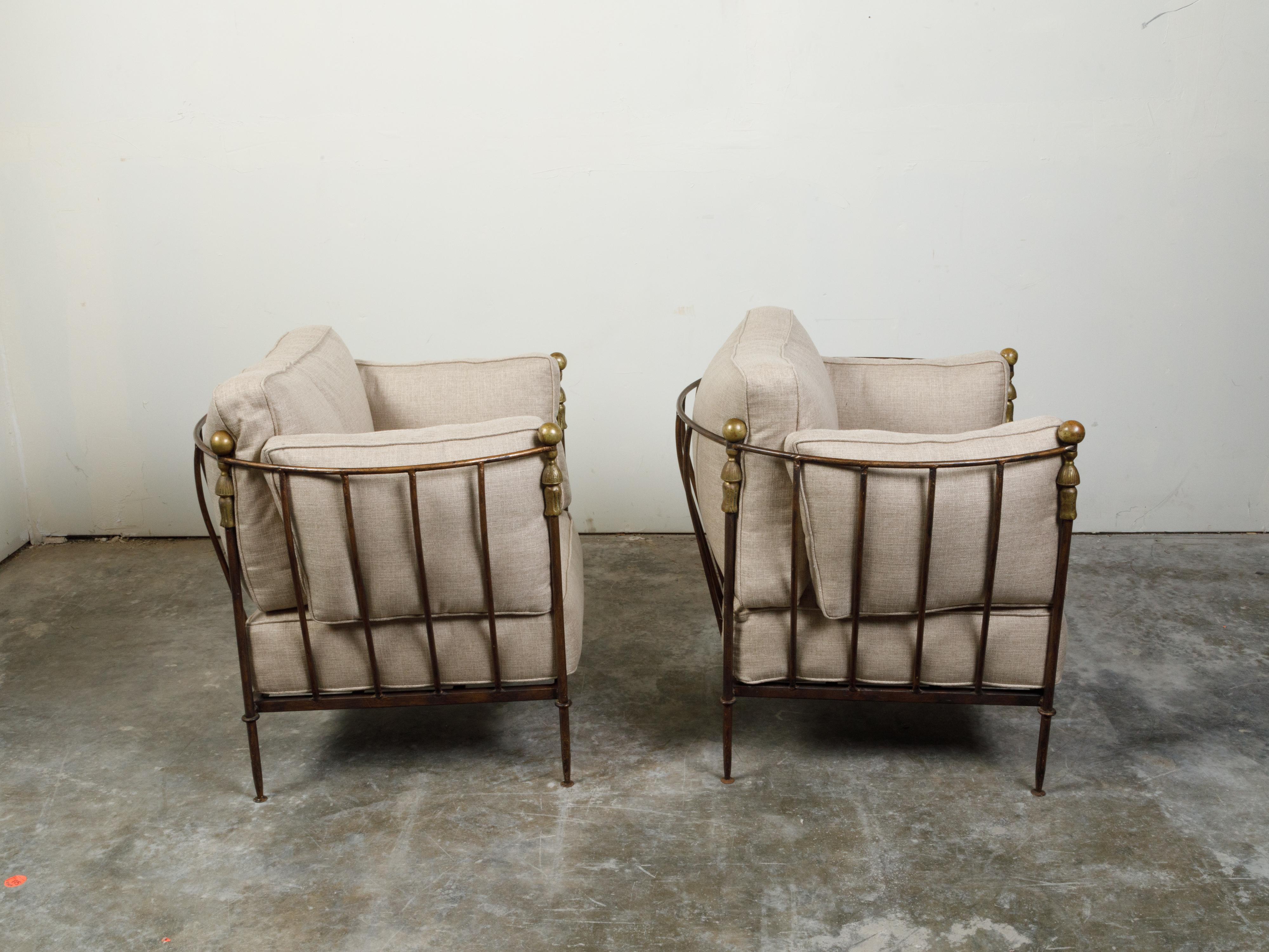 20th Century Pair of Steel and Brass Midcentury Club Chairs with Custom Upholstery