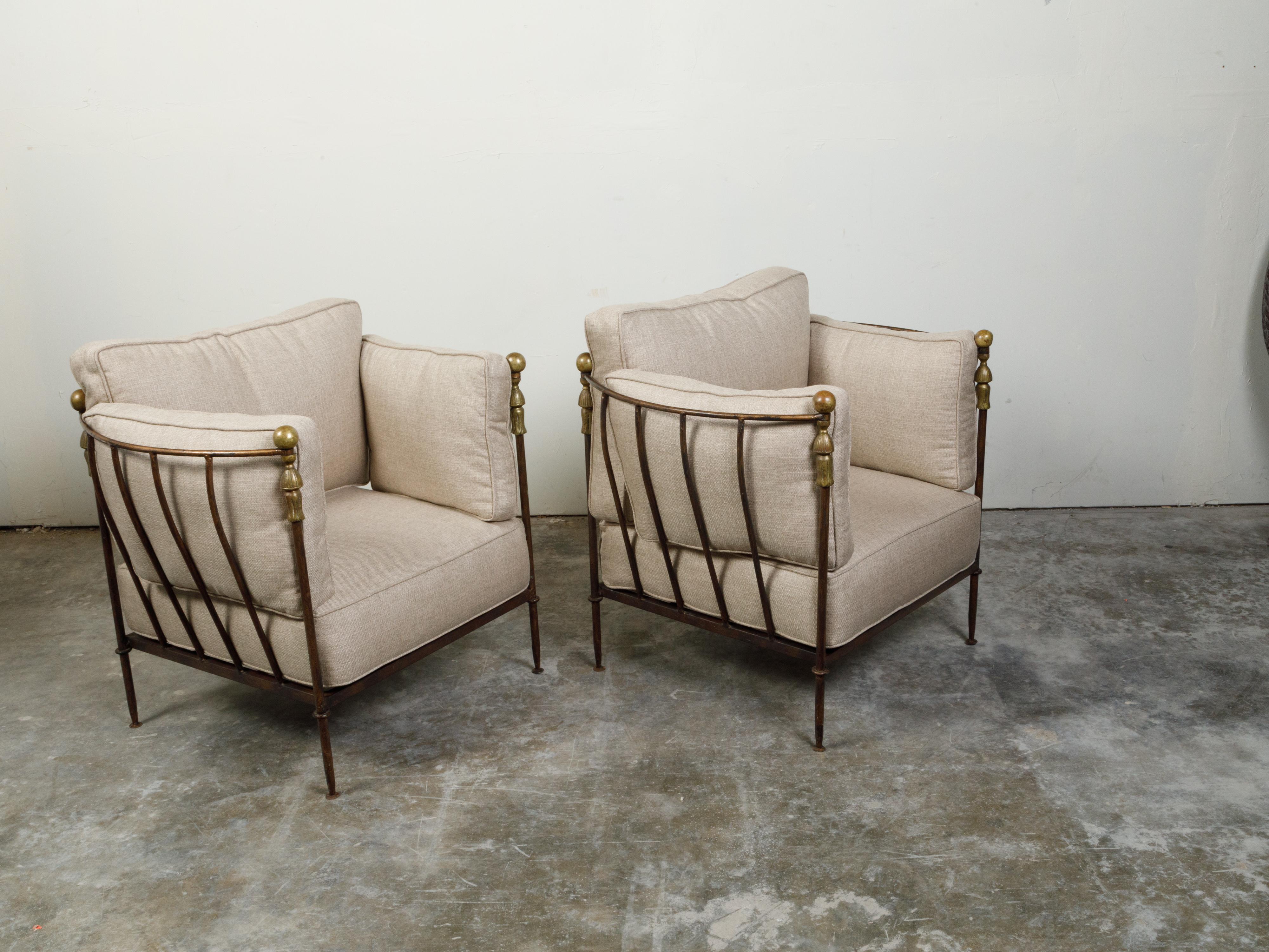 Pair of Steel and Brass Midcentury Club Chairs with Custom Upholstery 1