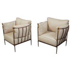 Pair of Steel and Brass Midcentury Club Chairs with Custom Upholstery