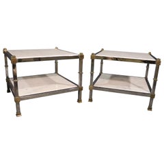 Pair of Steel and Brass White Carrara Marble Top Maison Jansen Style End Tables