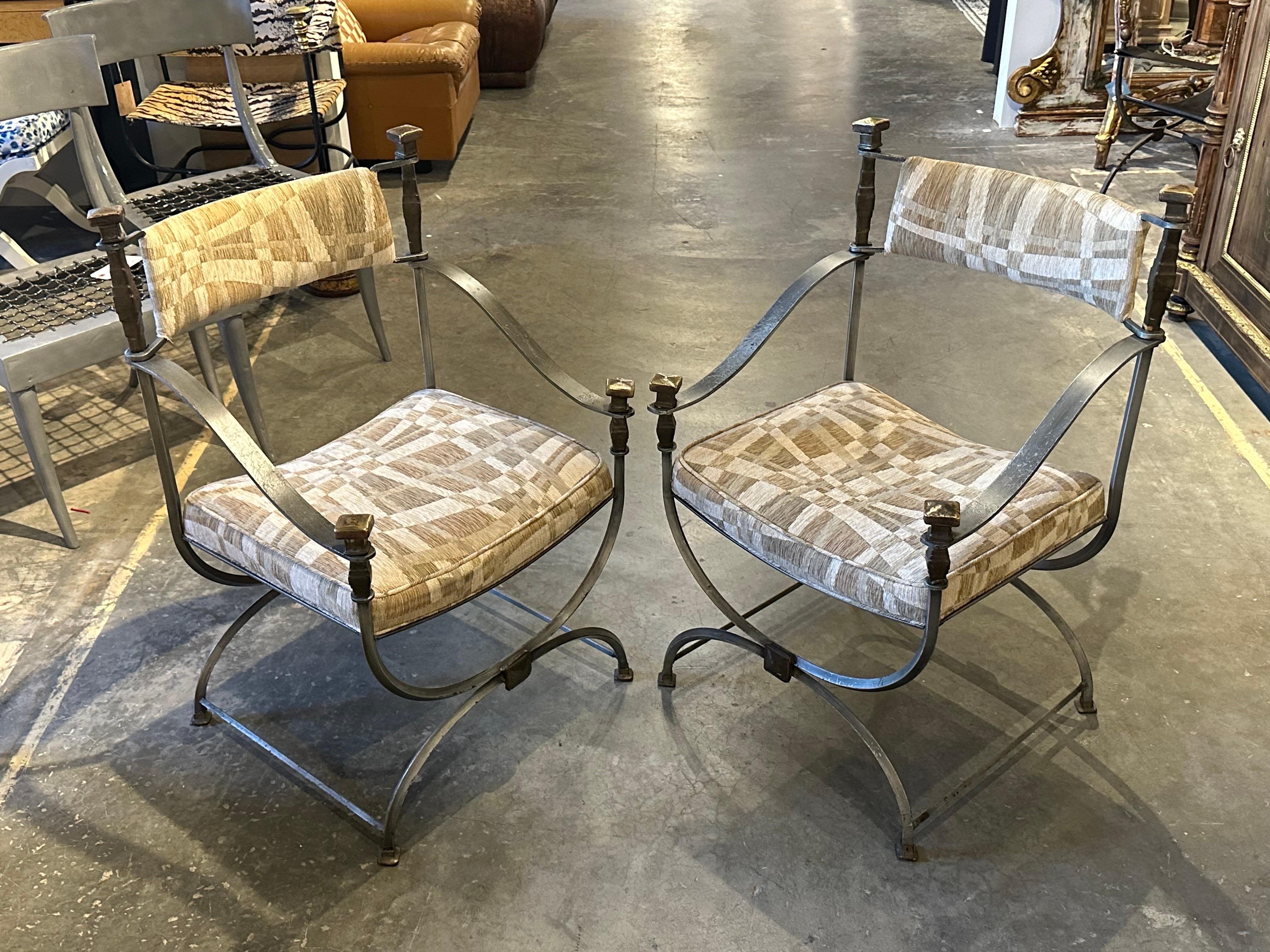Hollywood Regency Pair of Steel and Bronze Savaranolla Chairs For Sale