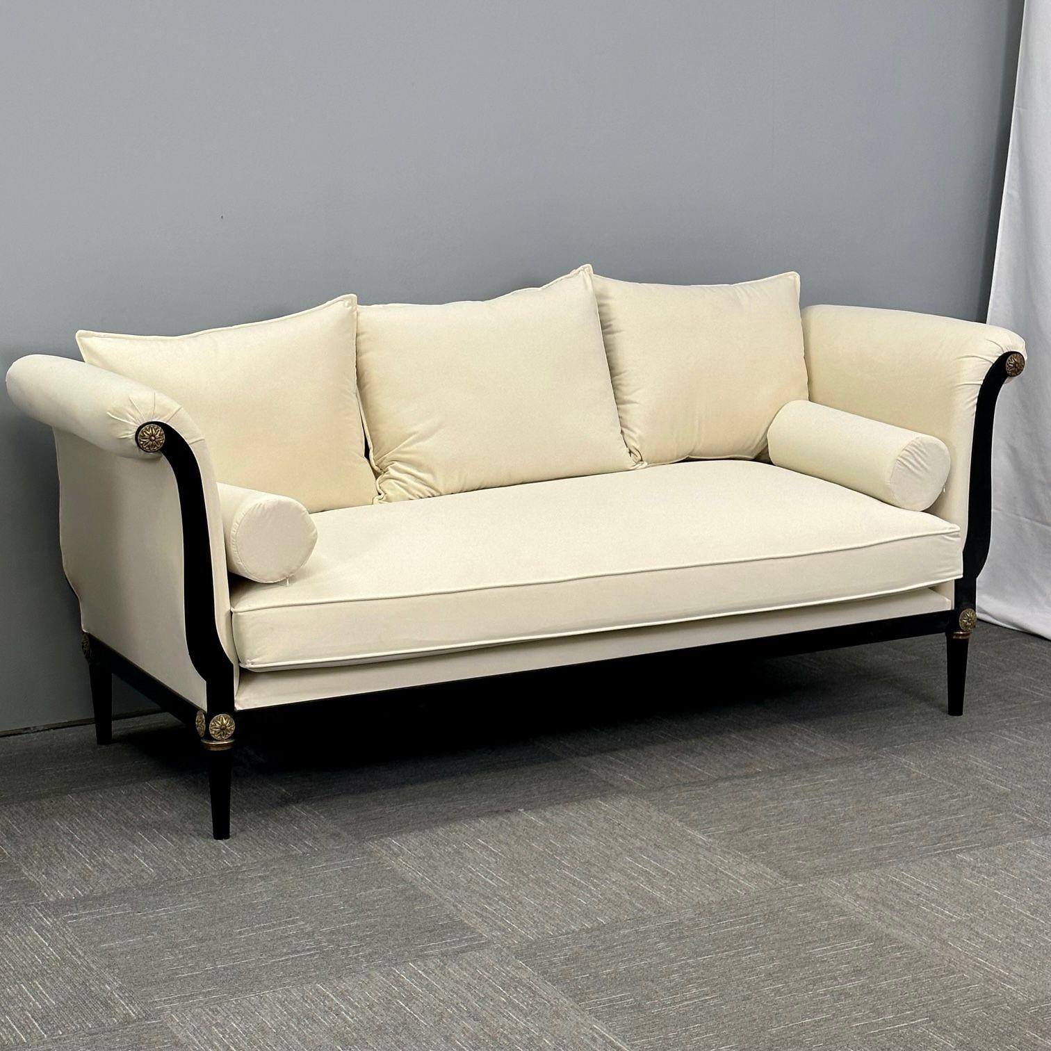 John Vesey Style, Hollywood Regency, Scroll Arm Sofas, Steel, Bronze, Velvet For Sale 6