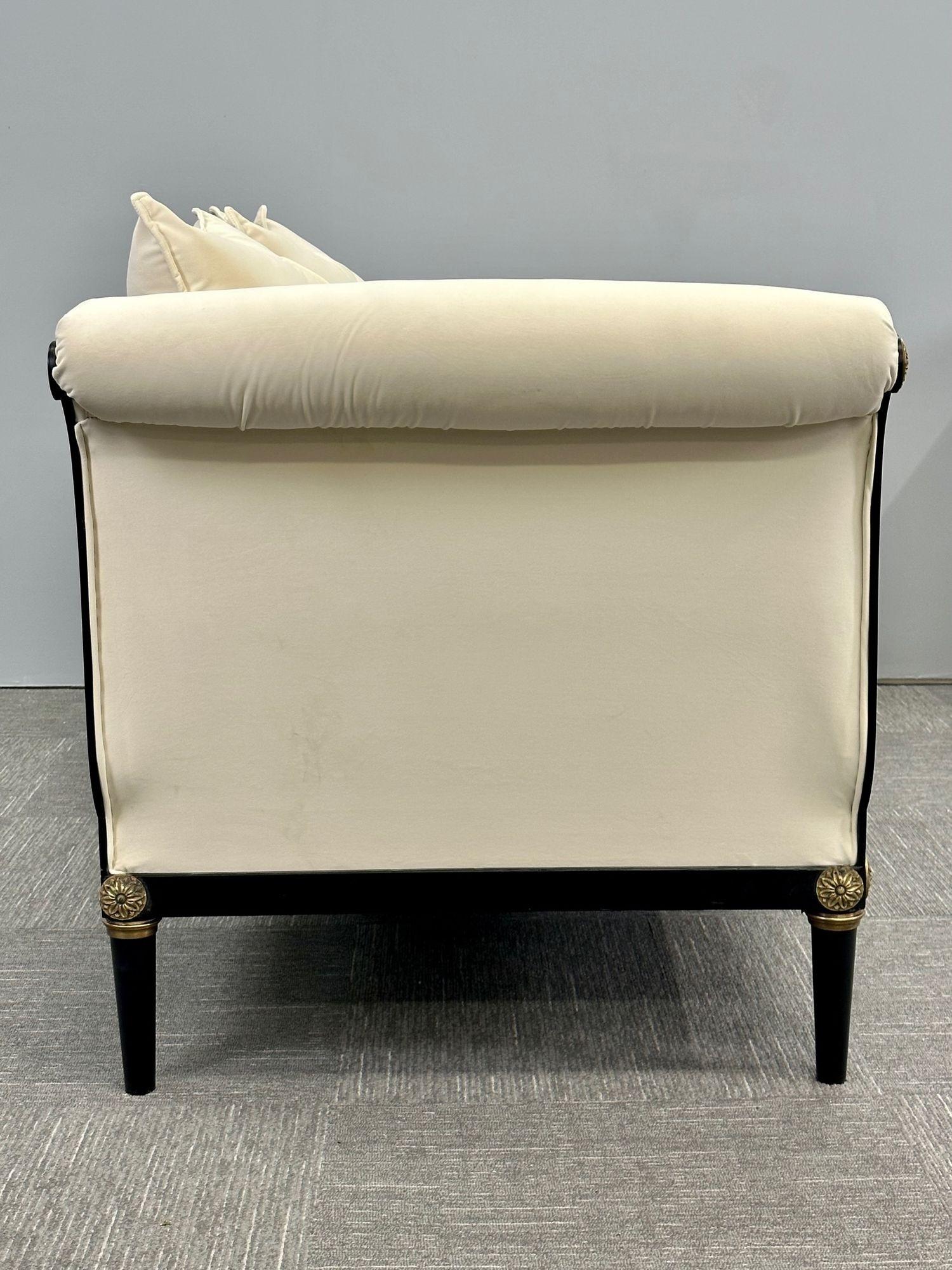 John Vesey Style, Hollywood Regency, Scroll Arm Sofas, Steel, Bronze, Velvet For Sale 8