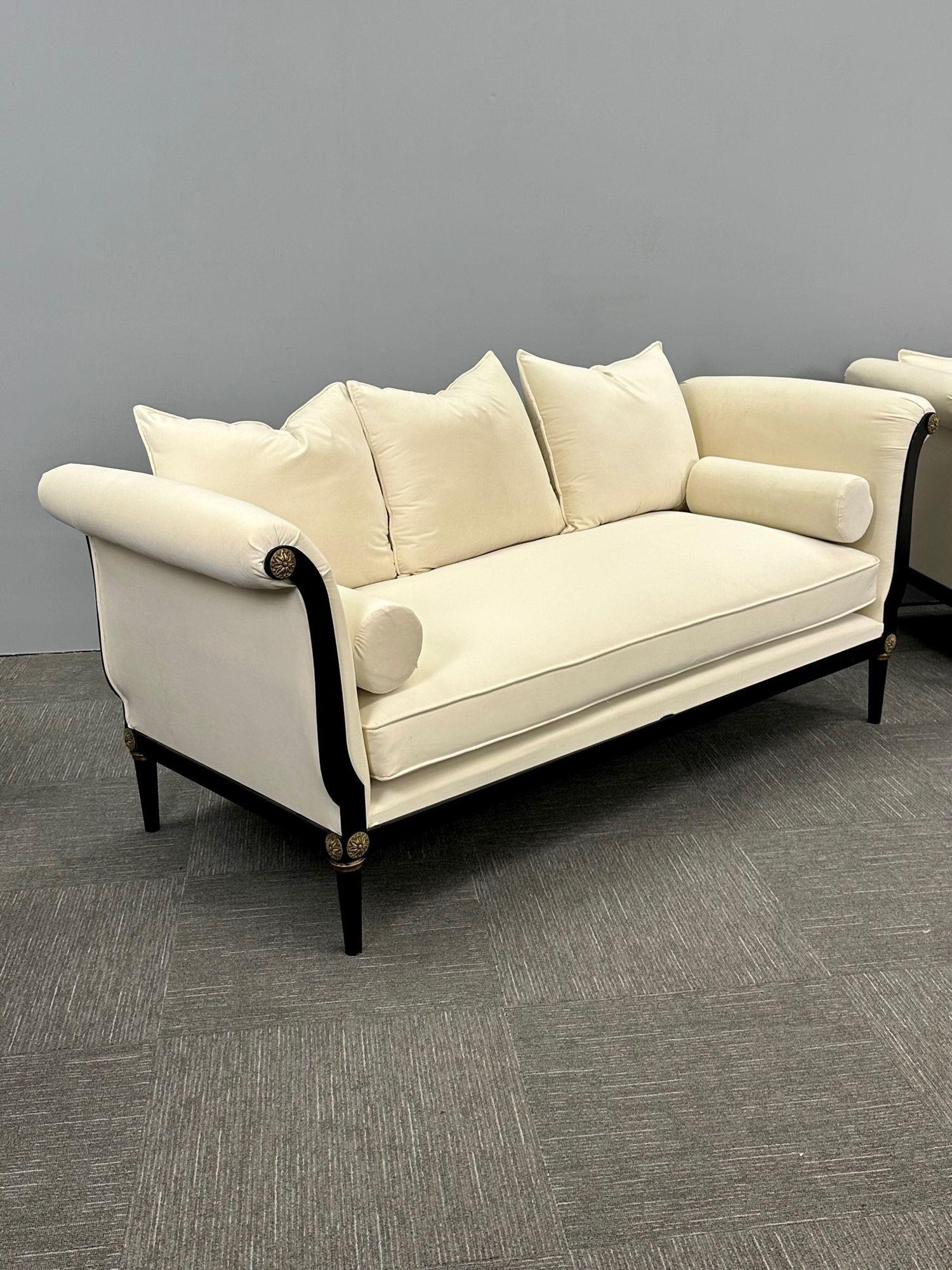 John Vesey Style, Hollywood Regency, Scroll Arm Sofas, Steel, Bronze, Velvet For Sale 9