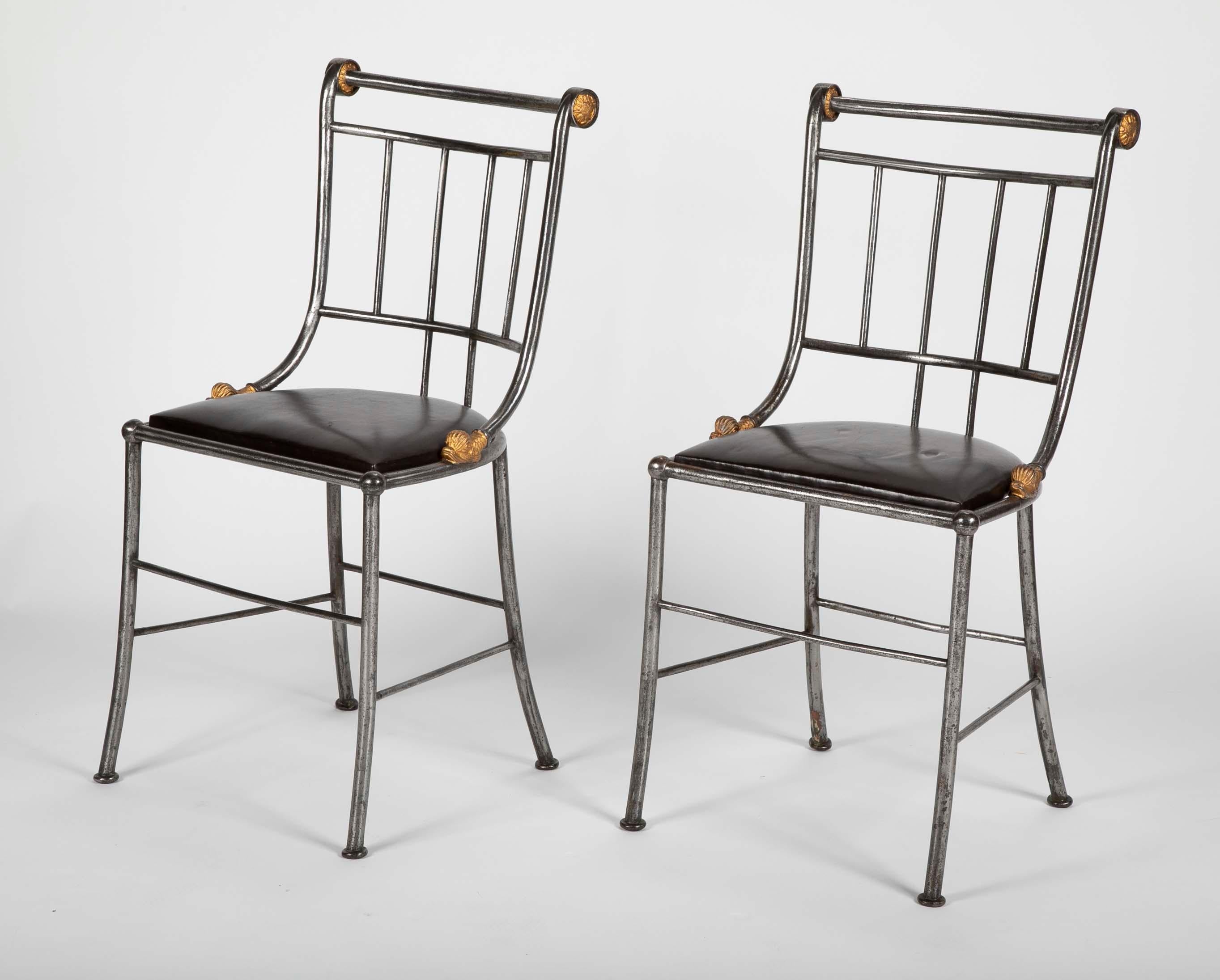 Neoclassical Pair of Steel and Gilt Metal Hall Chairs For Sale