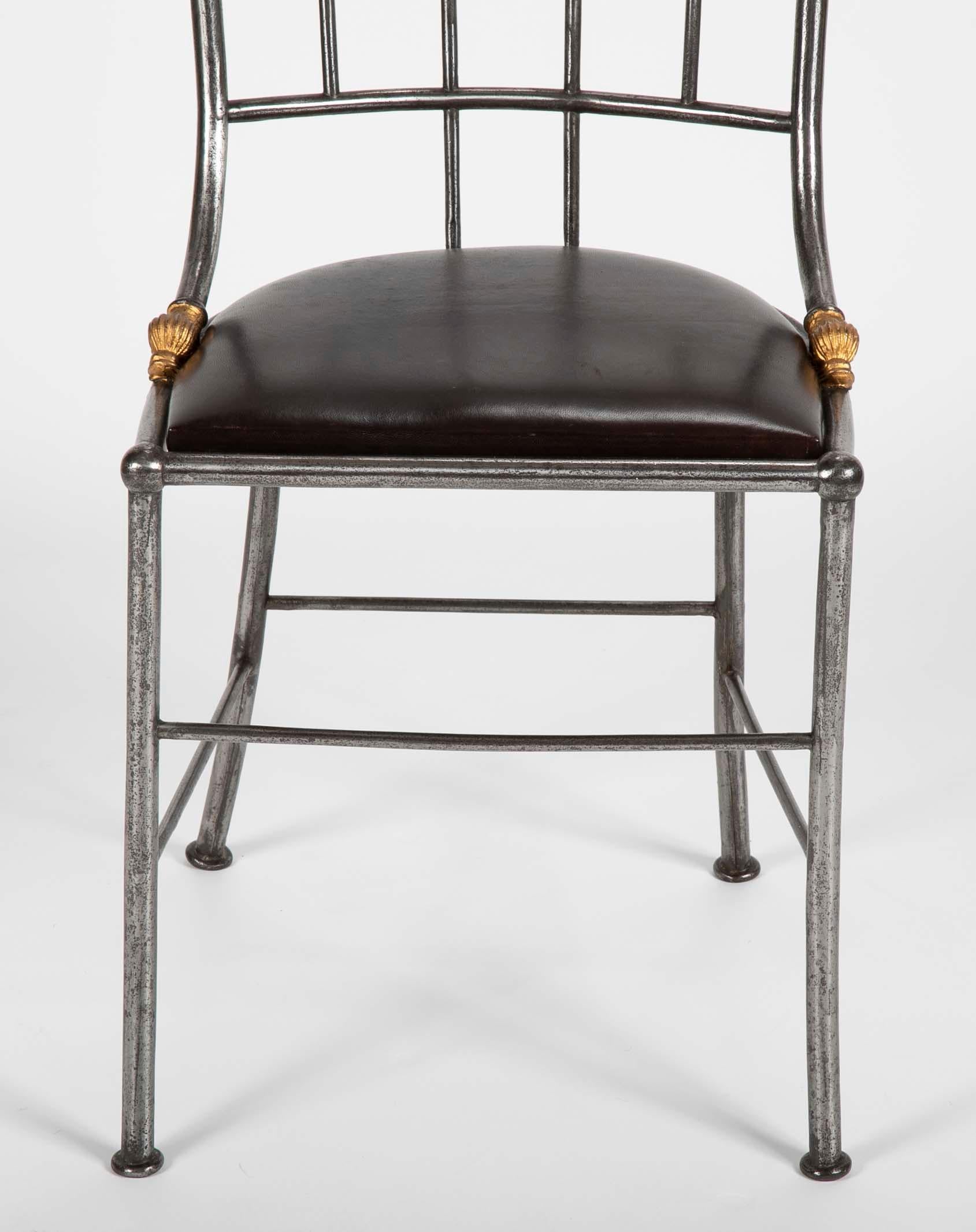 Late 20th Century Pair of Steel and Gilt Metal Hall Chairs For Sale