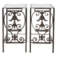 Pair of Steel and Glass Architectural Cast Iron Side Tables