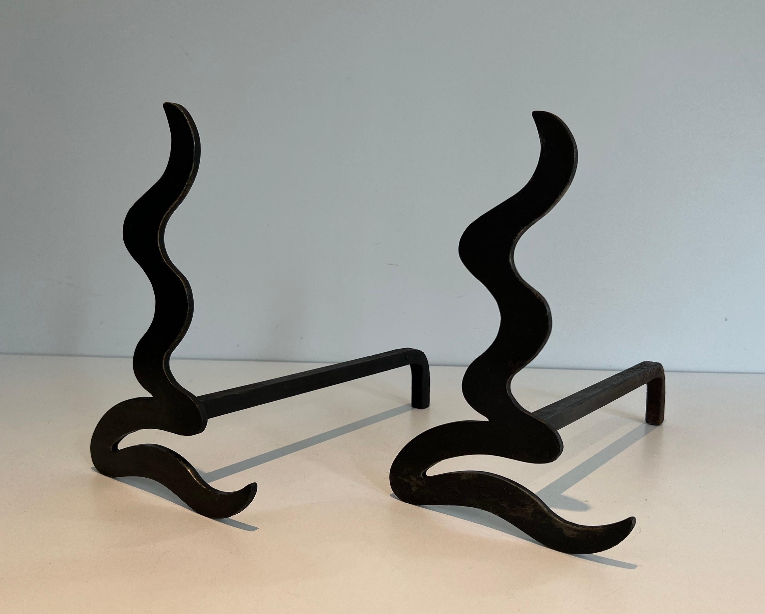 Mid-Century Modern Pair Of Steel And Iron Design Andirons For Sale