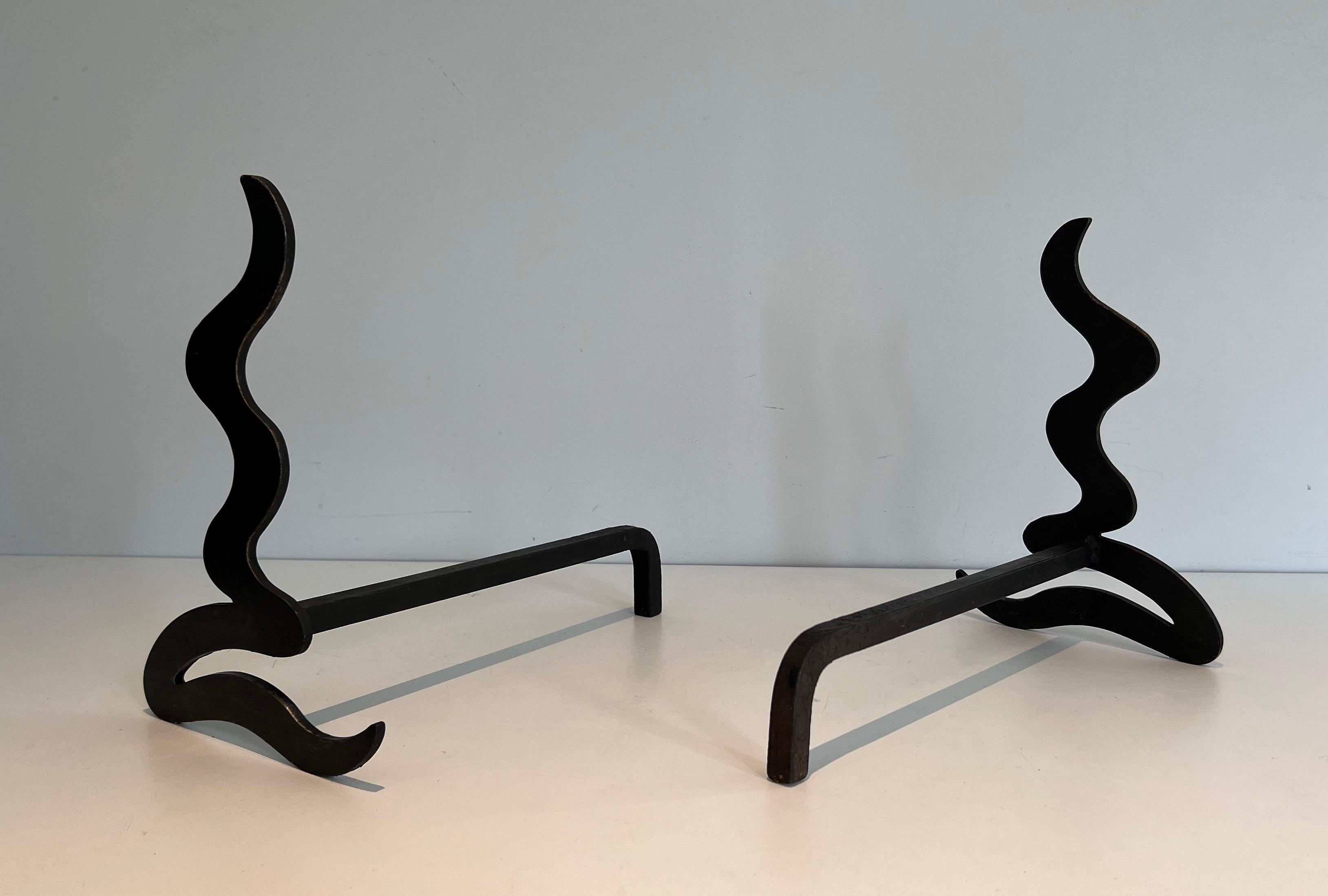 French Pair Of Steel And Iron Design Andirons For Sale