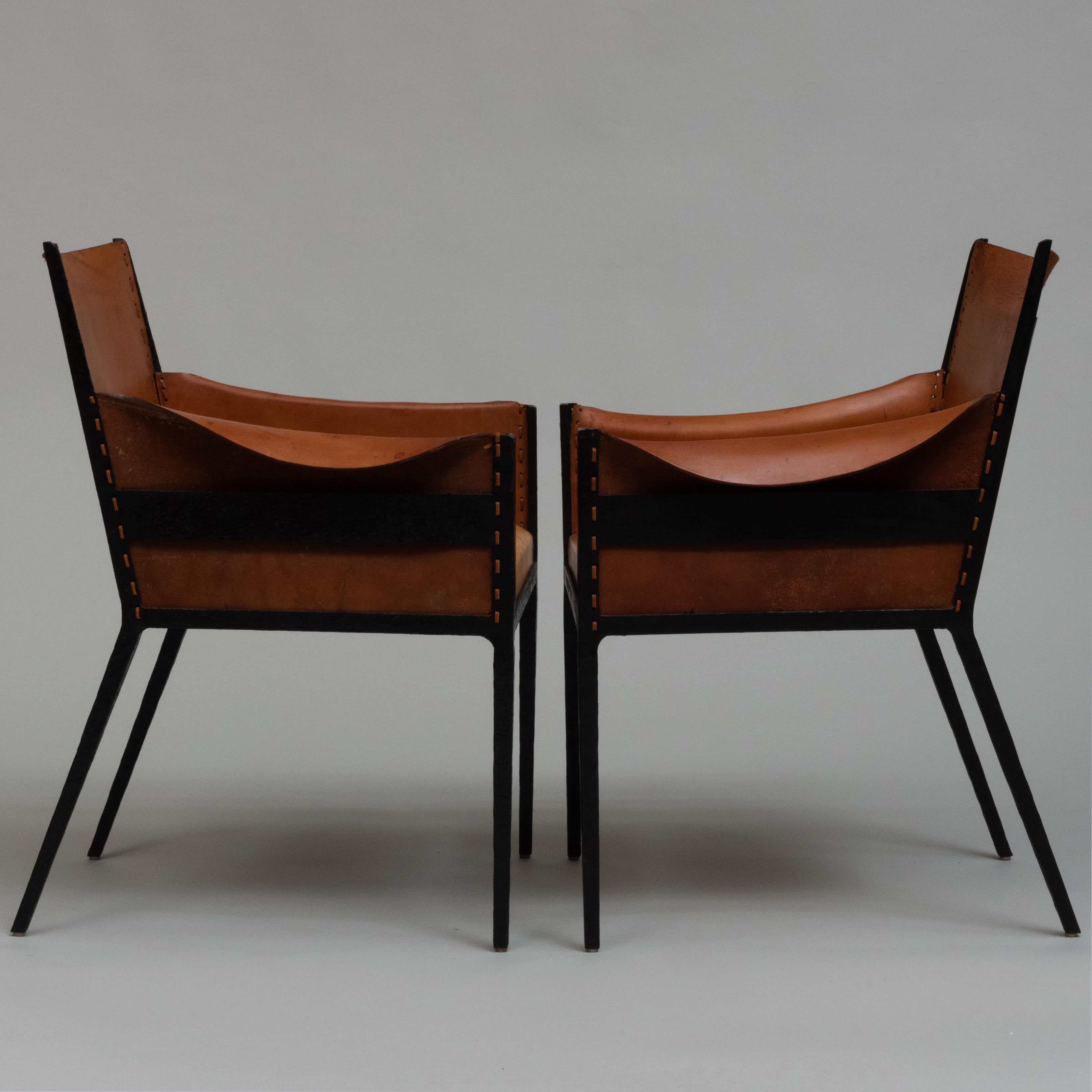 American Pair of Steel and Leather Armchairs After Jean Michel Frank