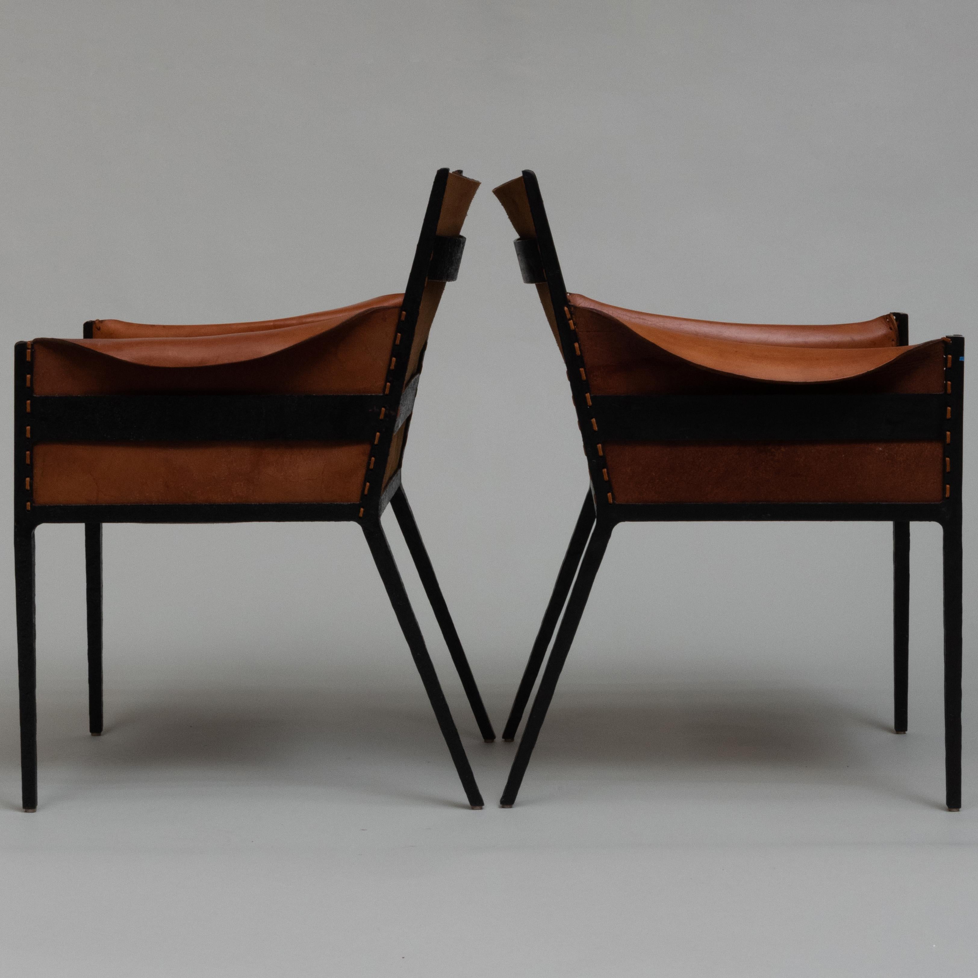 Contemporary Pair of Steel and Leather Armchairs After Jean Michel Frank