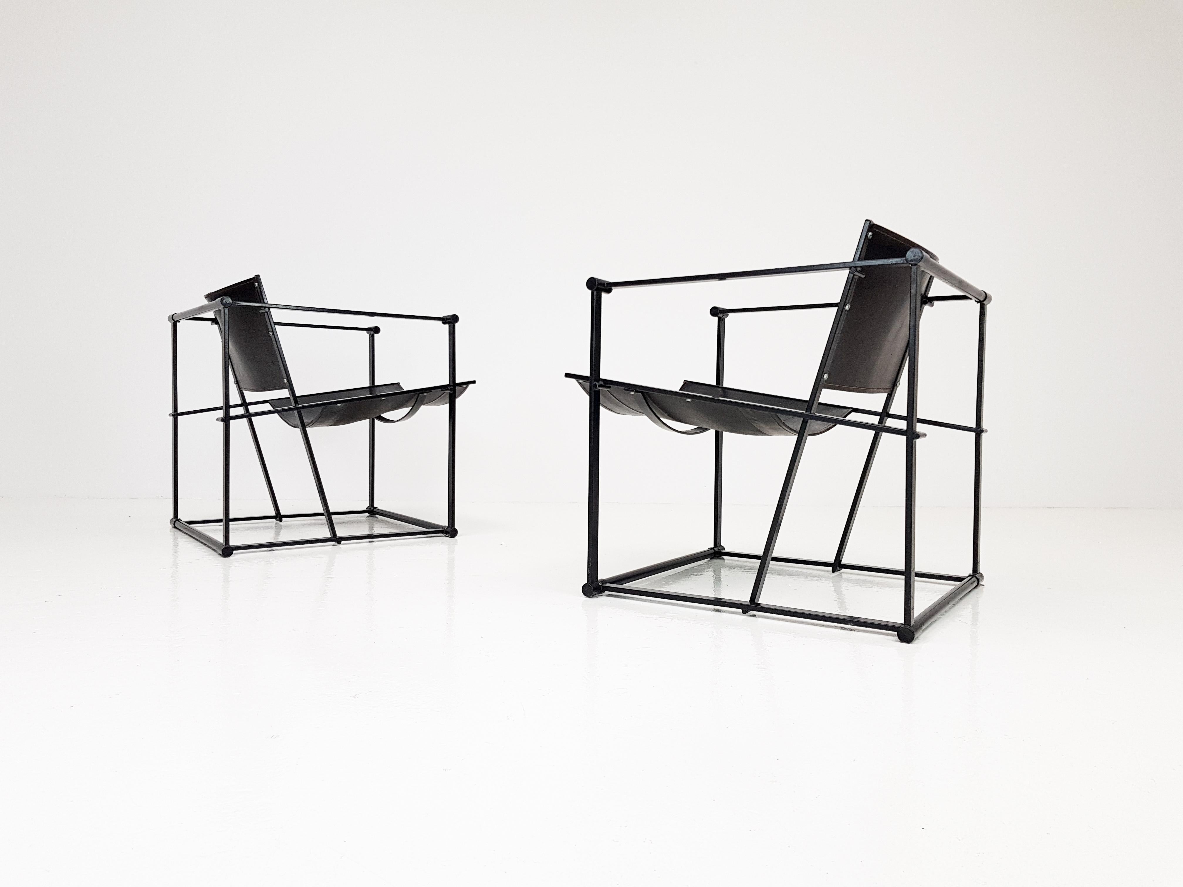 A pair of steel and leather FM62 chairs by Radboud Van Beekum for Pastoe, 1980s.

Constructed from geometrically folded steel with bent ply seating. Inspired by the designs of Gerrit Rietveld and following the traditions of the De Stijl movement the