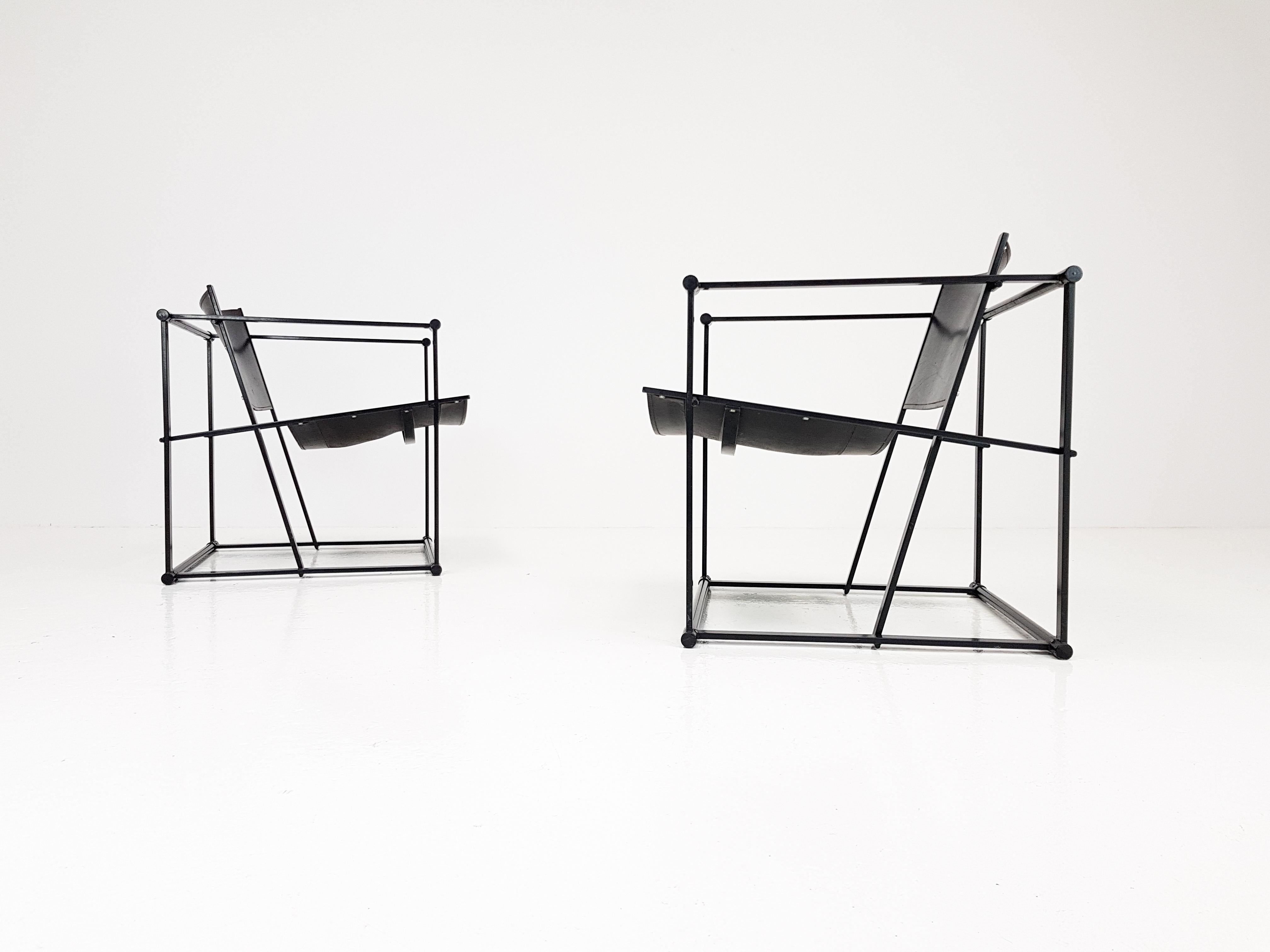 Post-Modern Pair of Steel and Leather FM62 Chairs by Radboud Van Beekum for Pastoe, 1980s