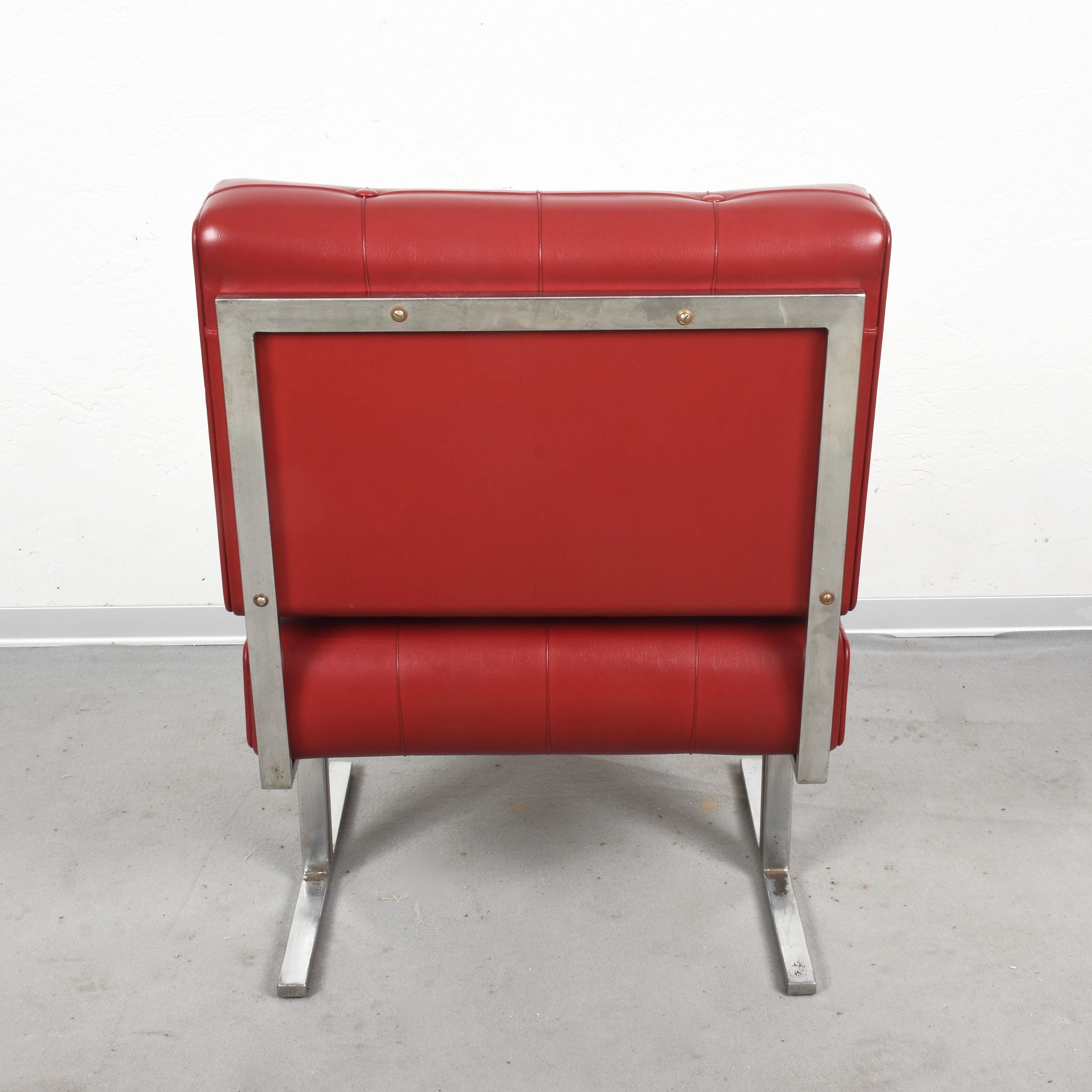 Pair of Steel and Red Faux Leather Armchairs Skay after Hausmann De Sede, 1950s For Sale 4