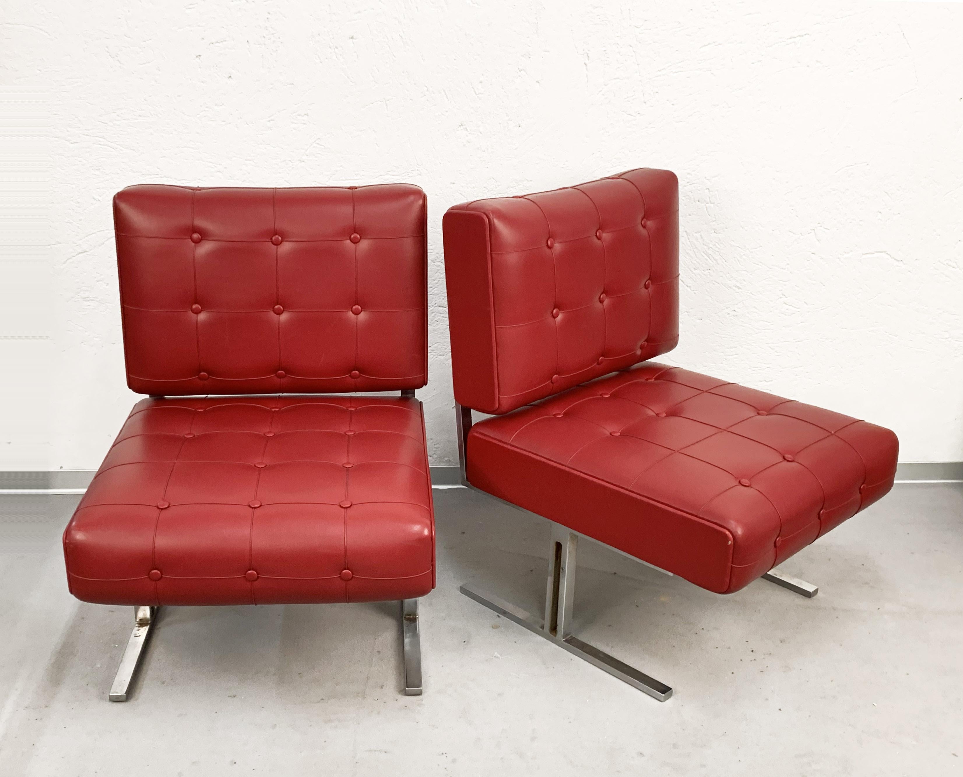 Pair of Steel and Red Faux Leather Armchairs Skay after Hausmann De Sede, 1950s For Sale 10