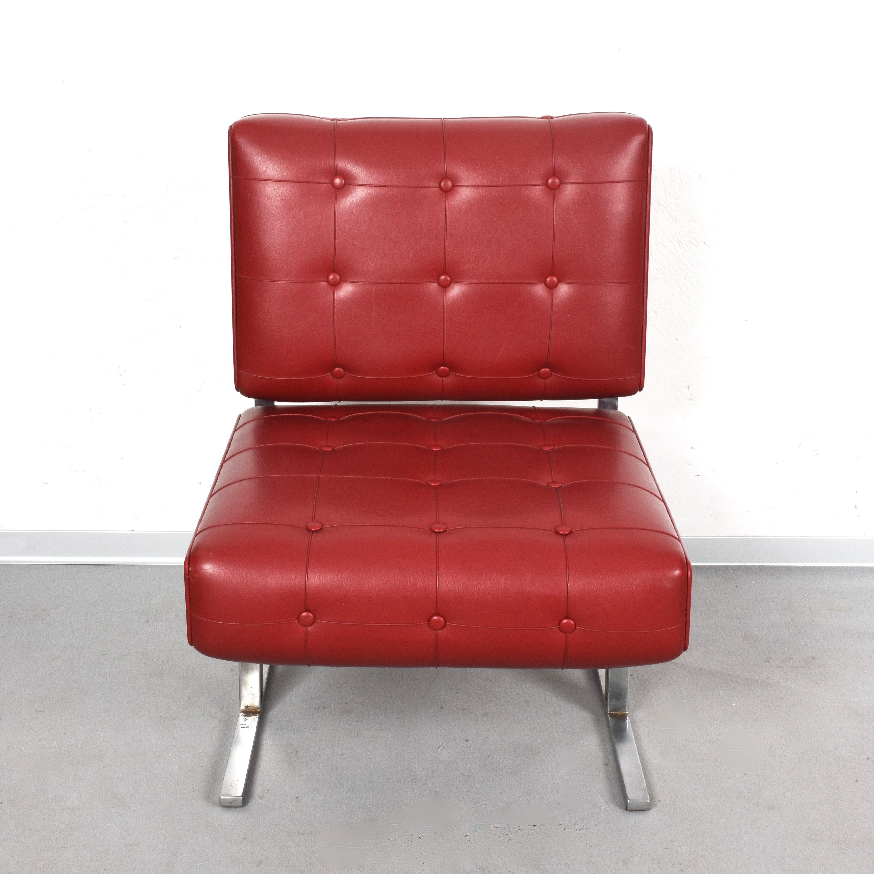 Pair of Steel and Red Faux Leather Armchairs Skay after Hausmann De Sede, 1950s For Sale 11