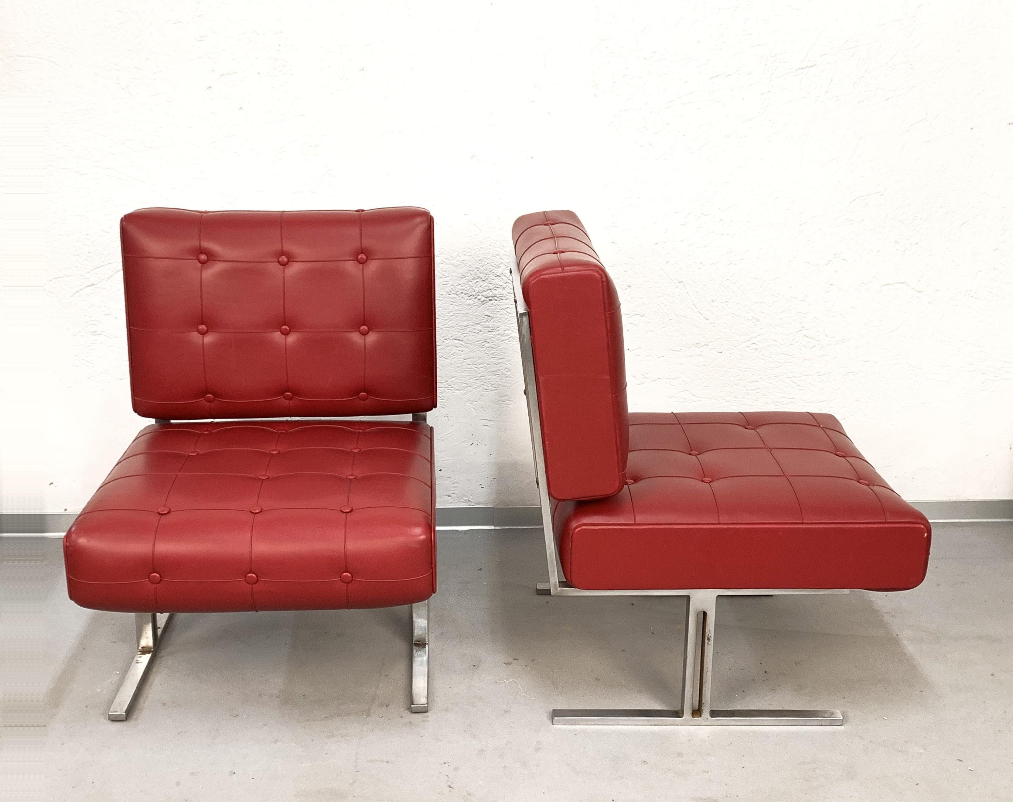 Mid-Century Modern Pair of Steel and Red Faux Leather Armchairs Skay after Hausmann De Sede, 1950s For Sale