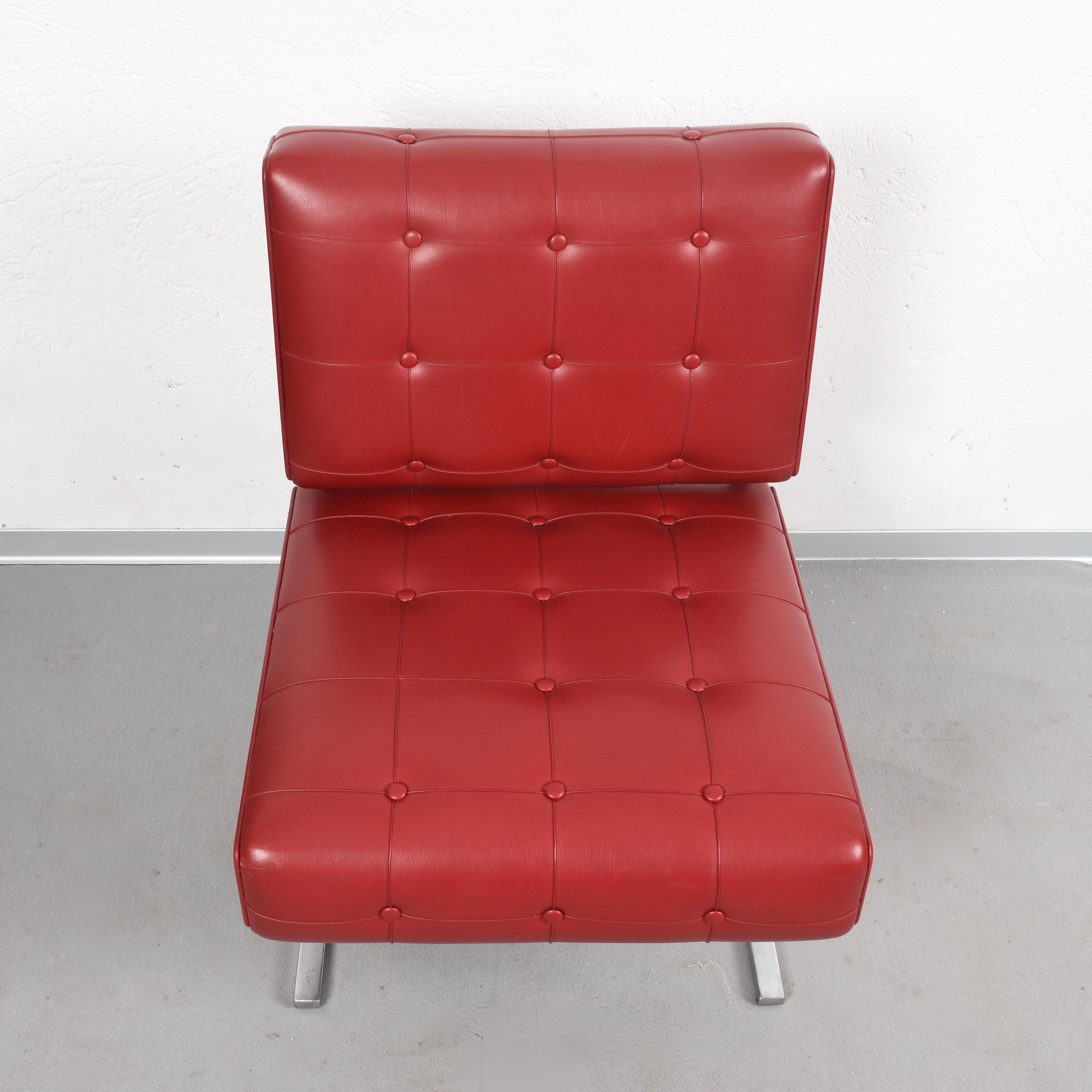 Pair of Steel and Red Faux Leather Armchairs Skay after Hausmann De Sede, 1950s In Good Condition For Sale In Roma, IT