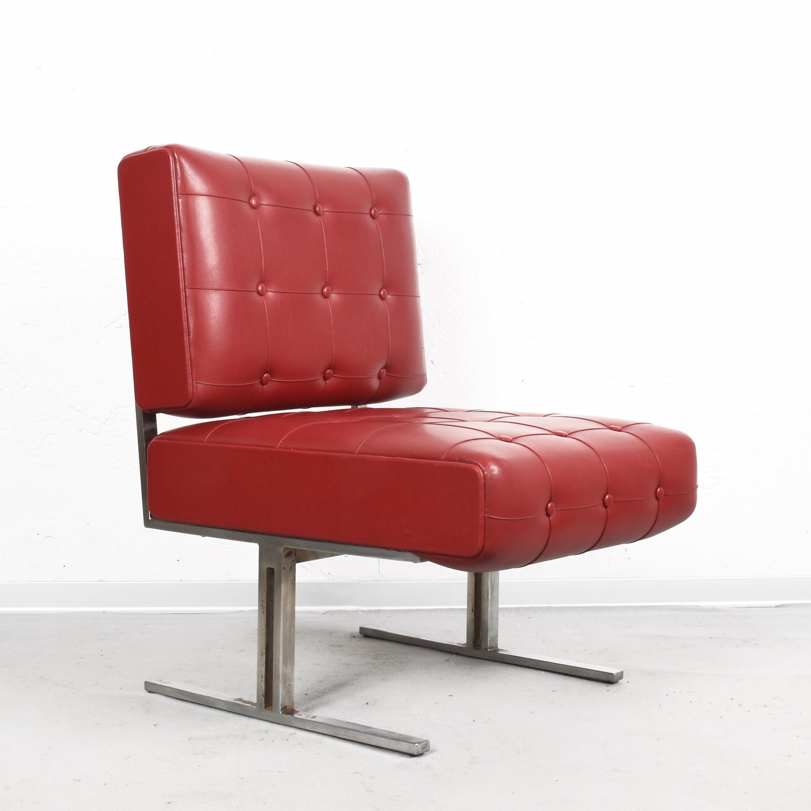 20th Century Pair of Steel and Red Faux Leather Armchairs Skay after Hausmann De Sede, 1950s For Sale