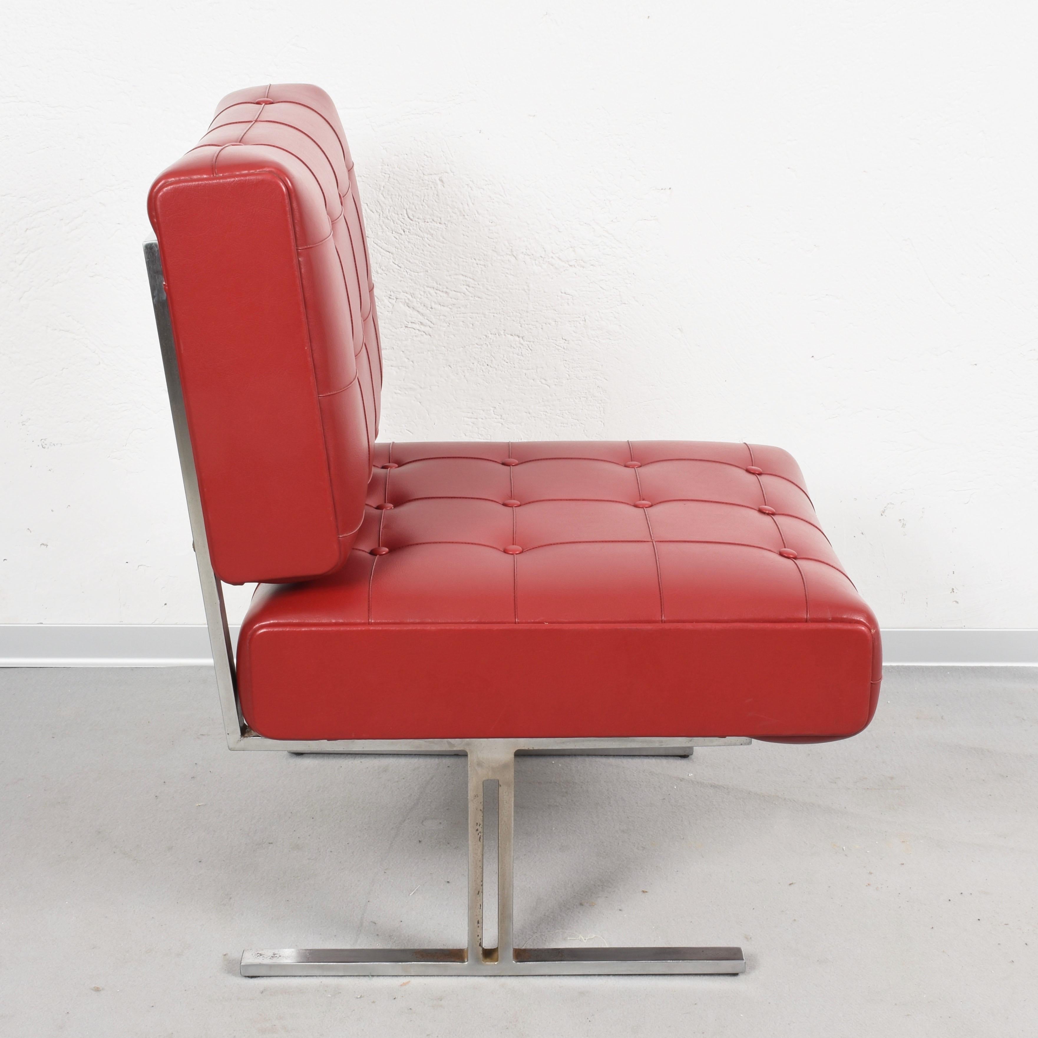 Pair of Steel and Red Faux Leather Armchairs Skay after Hausmann De Sede, 1950s For Sale 1