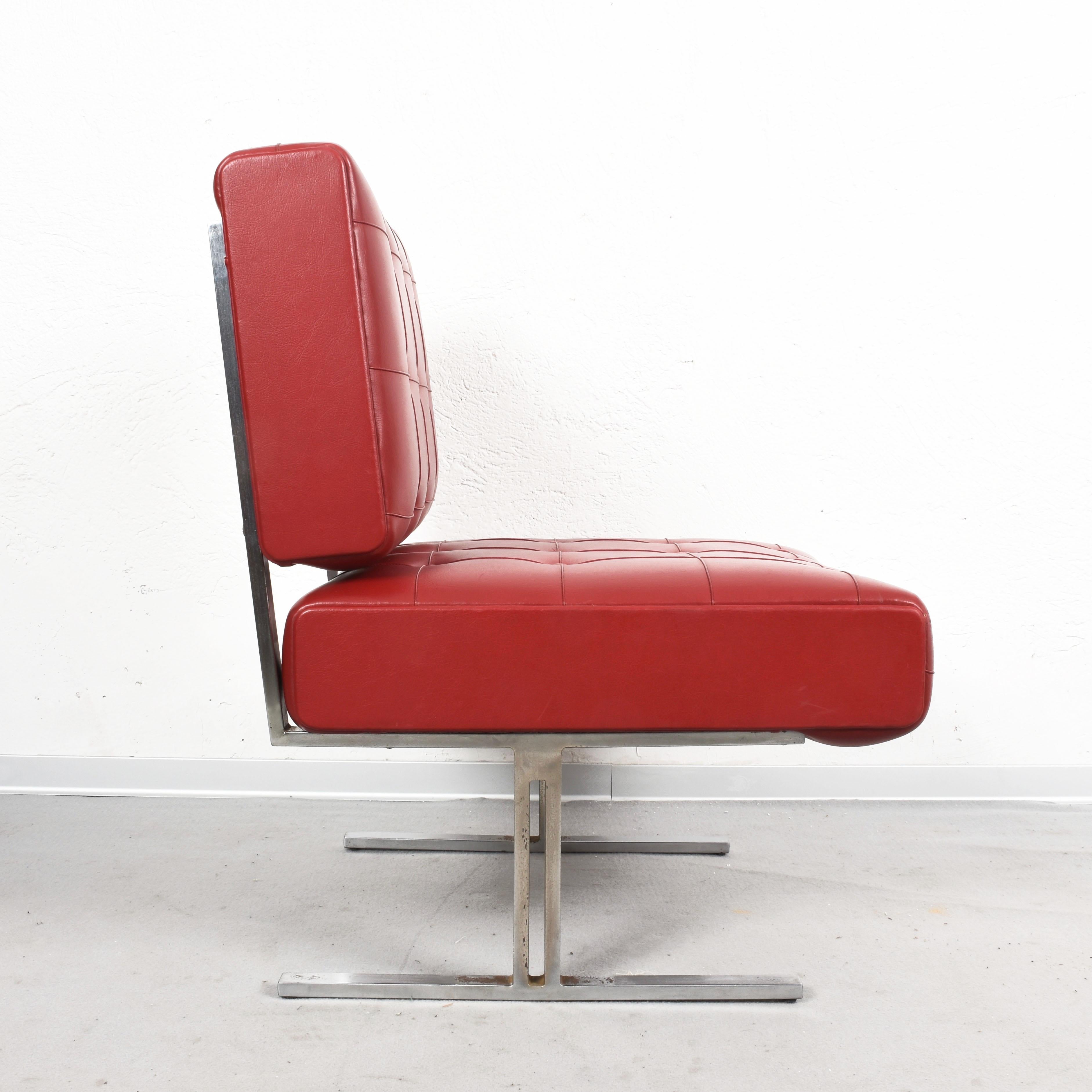 Pair of Steel and Red Faux Leather Armchairs Skay after Hausmann De Sede, 1950s For Sale 2