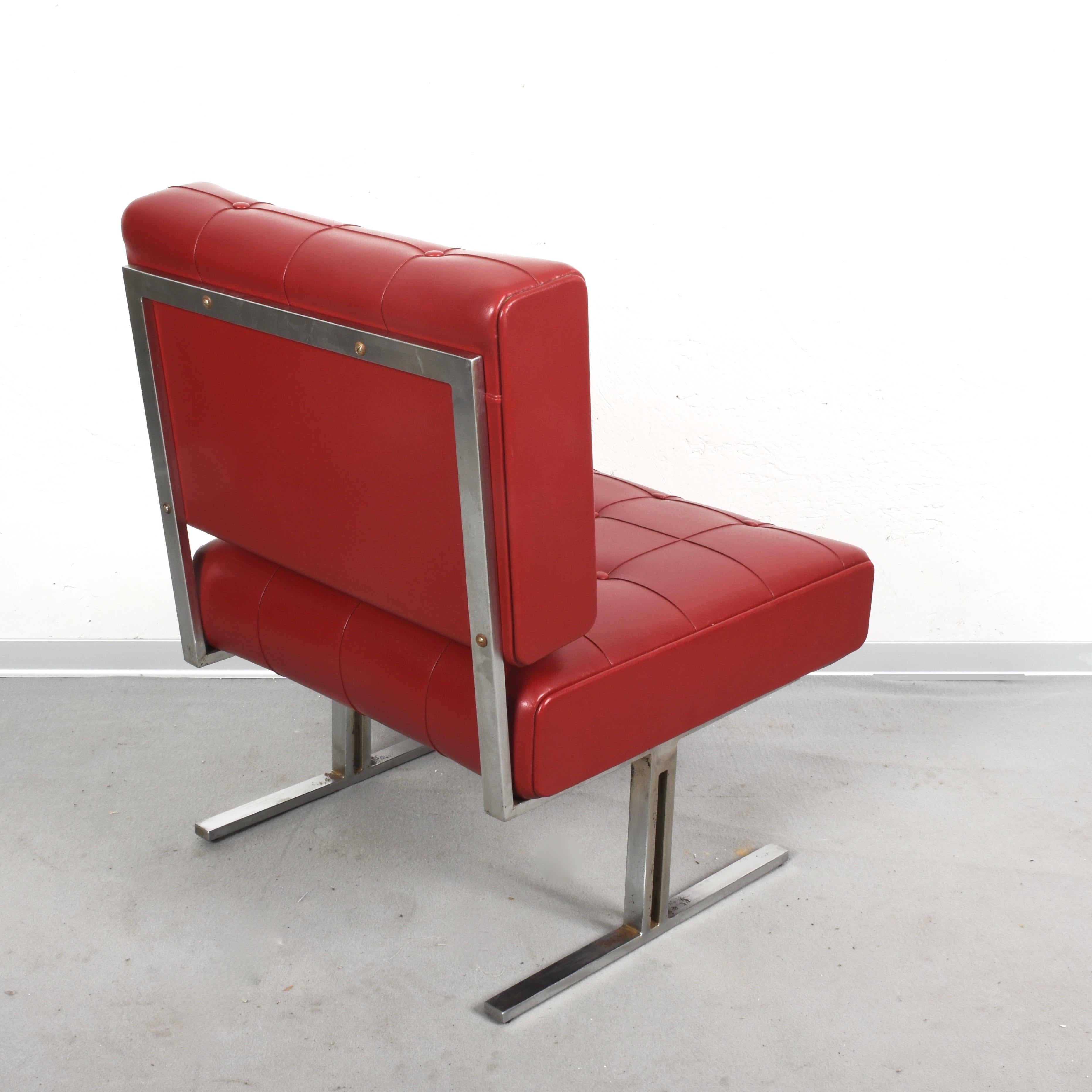 Pair of Steel and Red Faux Leather Armchairs Skay after Hausmann De Sede, 1950s For Sale 3