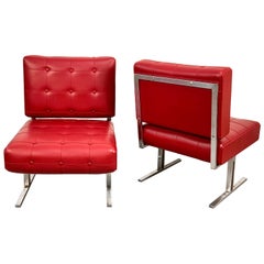 Retro Pair of Steel and Red Faux Leather Armchairs Skay after Hausmann De Sede, 1950s