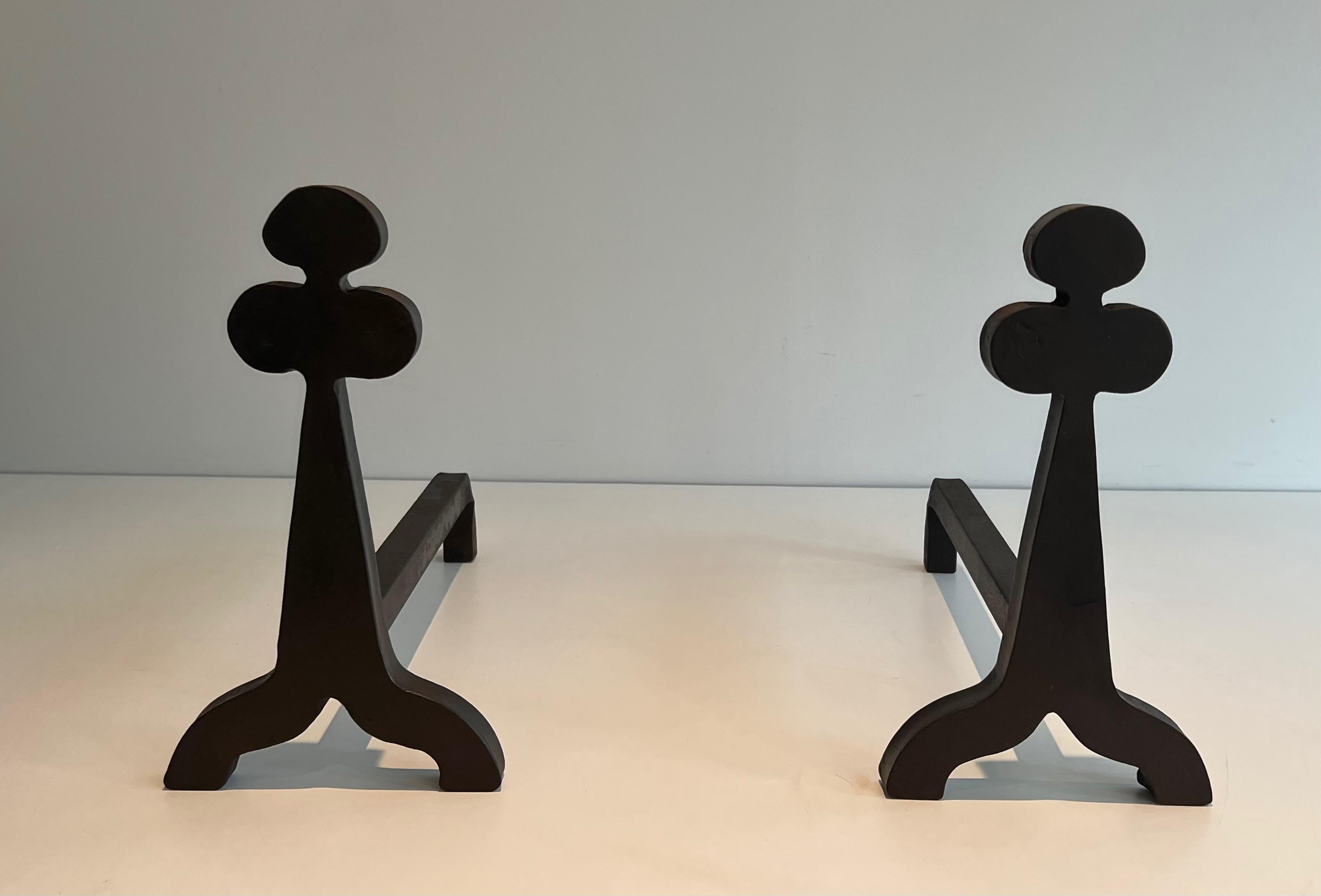 Pair of Steel and Wrought Iron Clovers Andirons For Sale 6