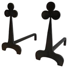 Pair of Steel and Wrought Iron Clovers Andirons, French, Circa 1950