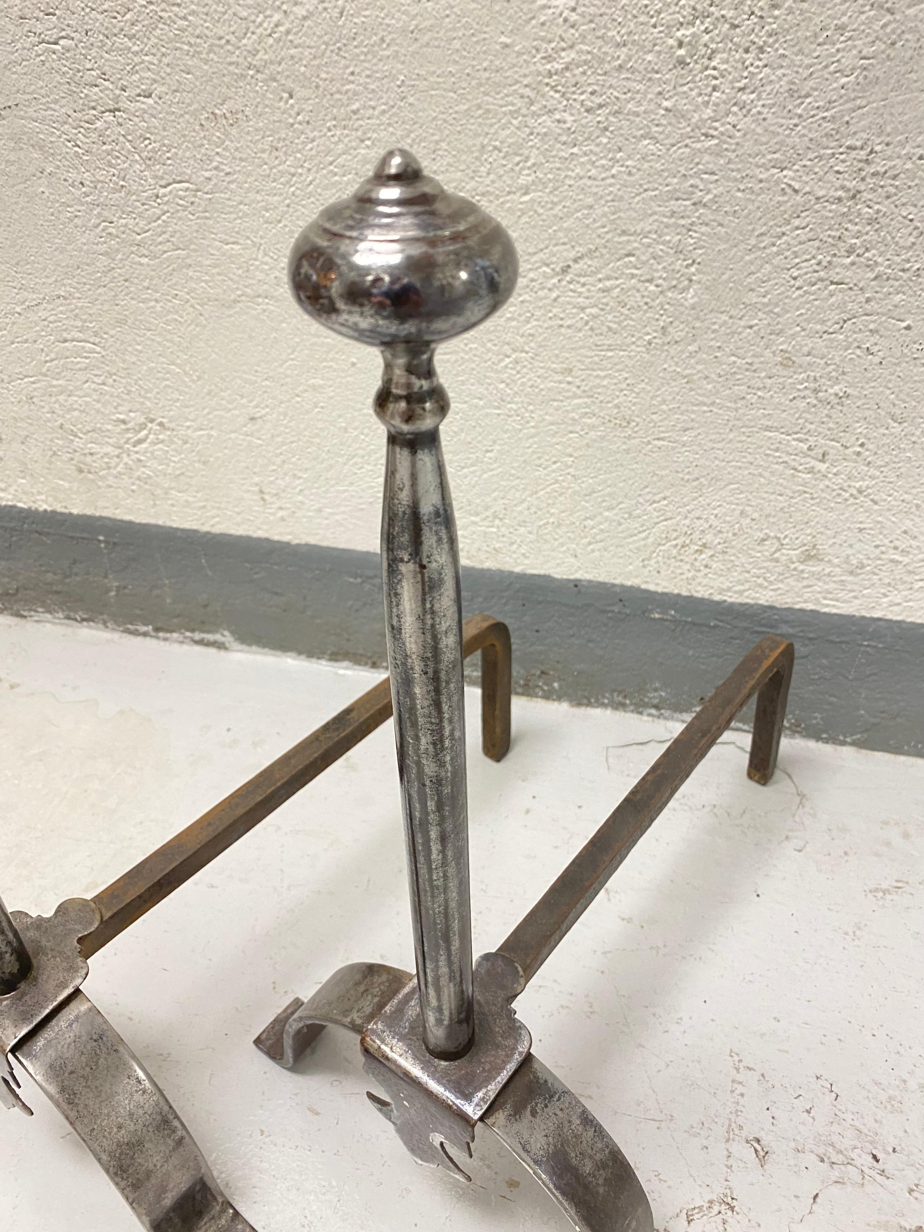 Polished Pair of Steel Andirons