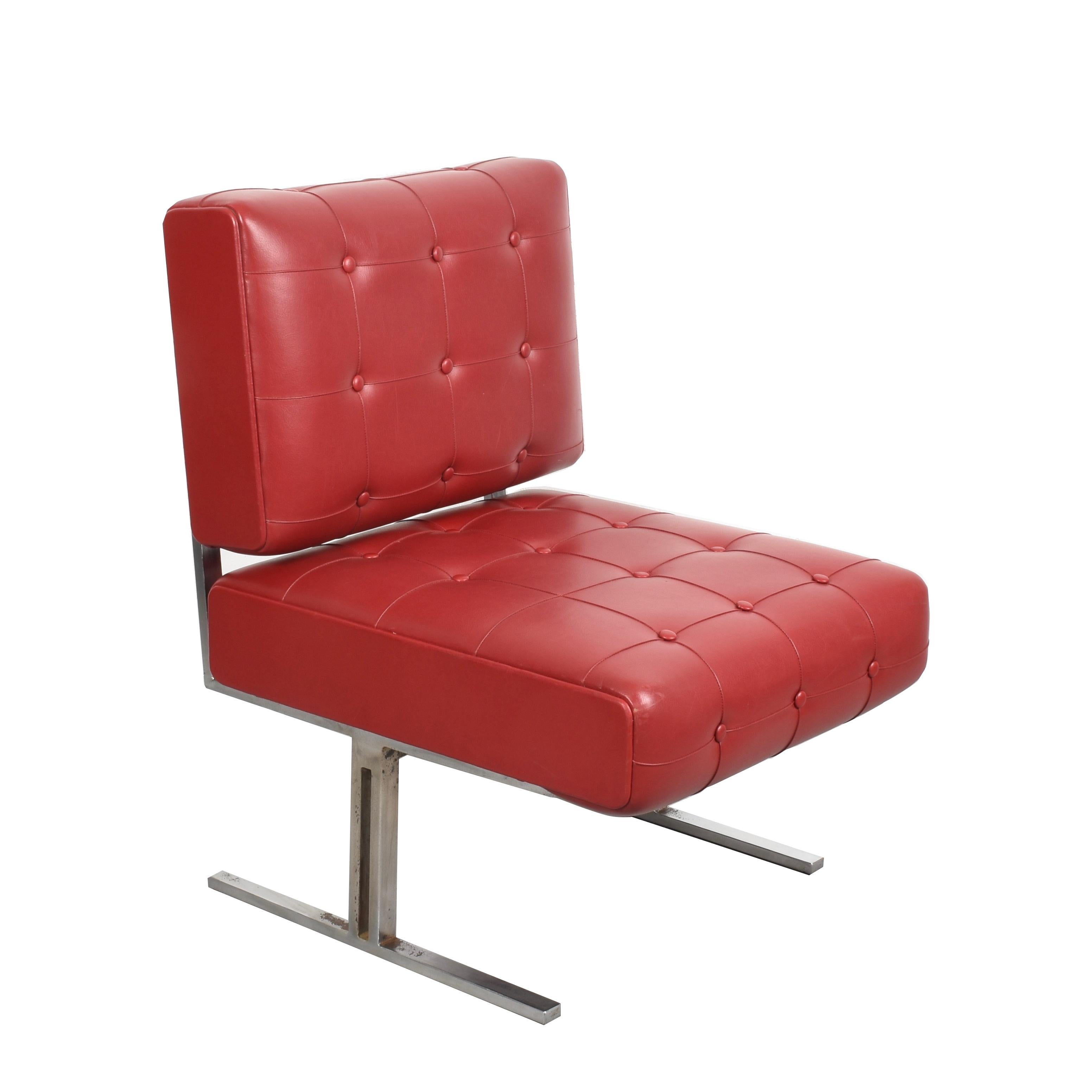 Mid-Century Modern Pair of Steel Armchairs Skay Capitonne Red, Style Hausmann De Sede Italy 1950s For Sale