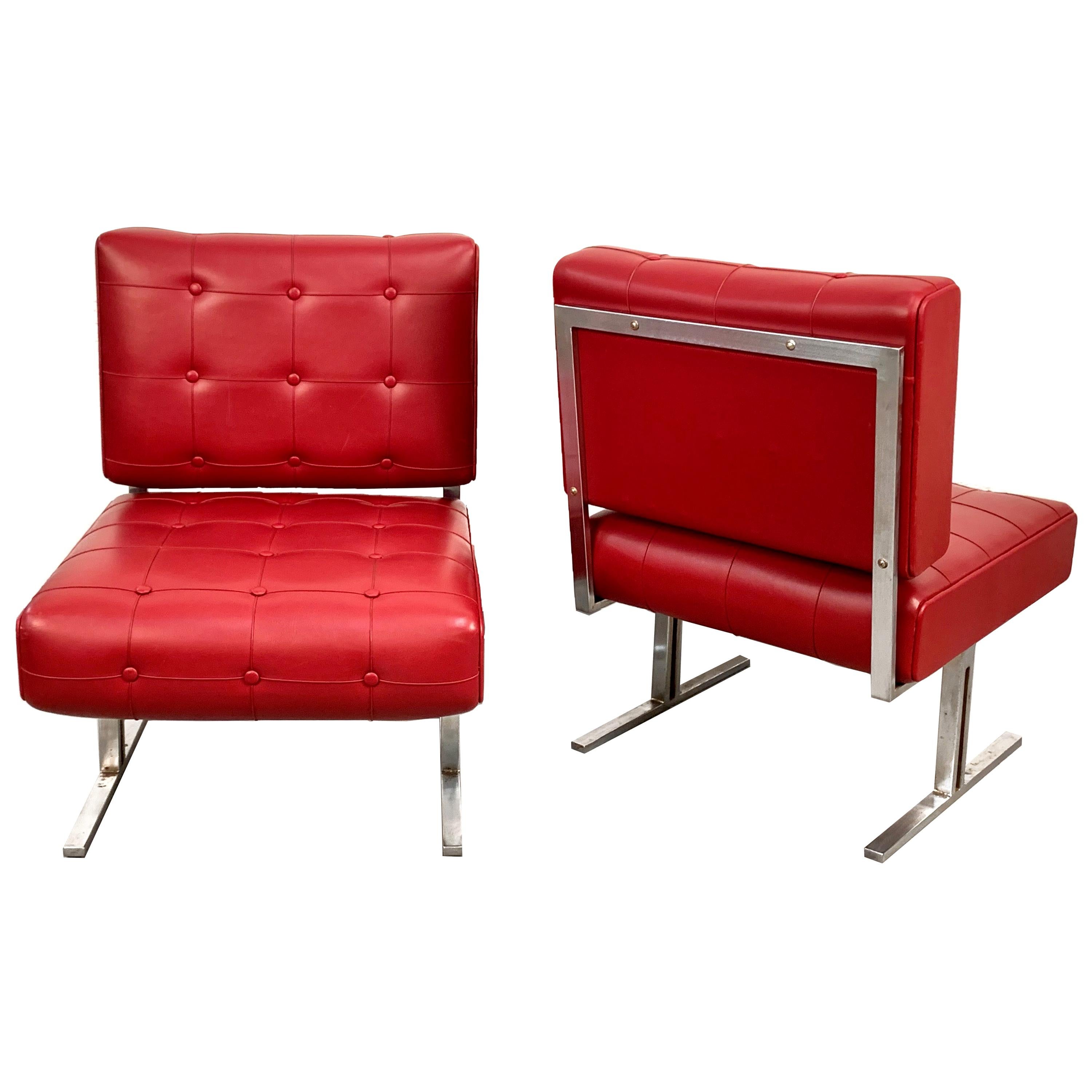 Pareja de Sillones de Acero Skay Capitonne Rojo, Estilo Hausmann De Sede Italia Años 50