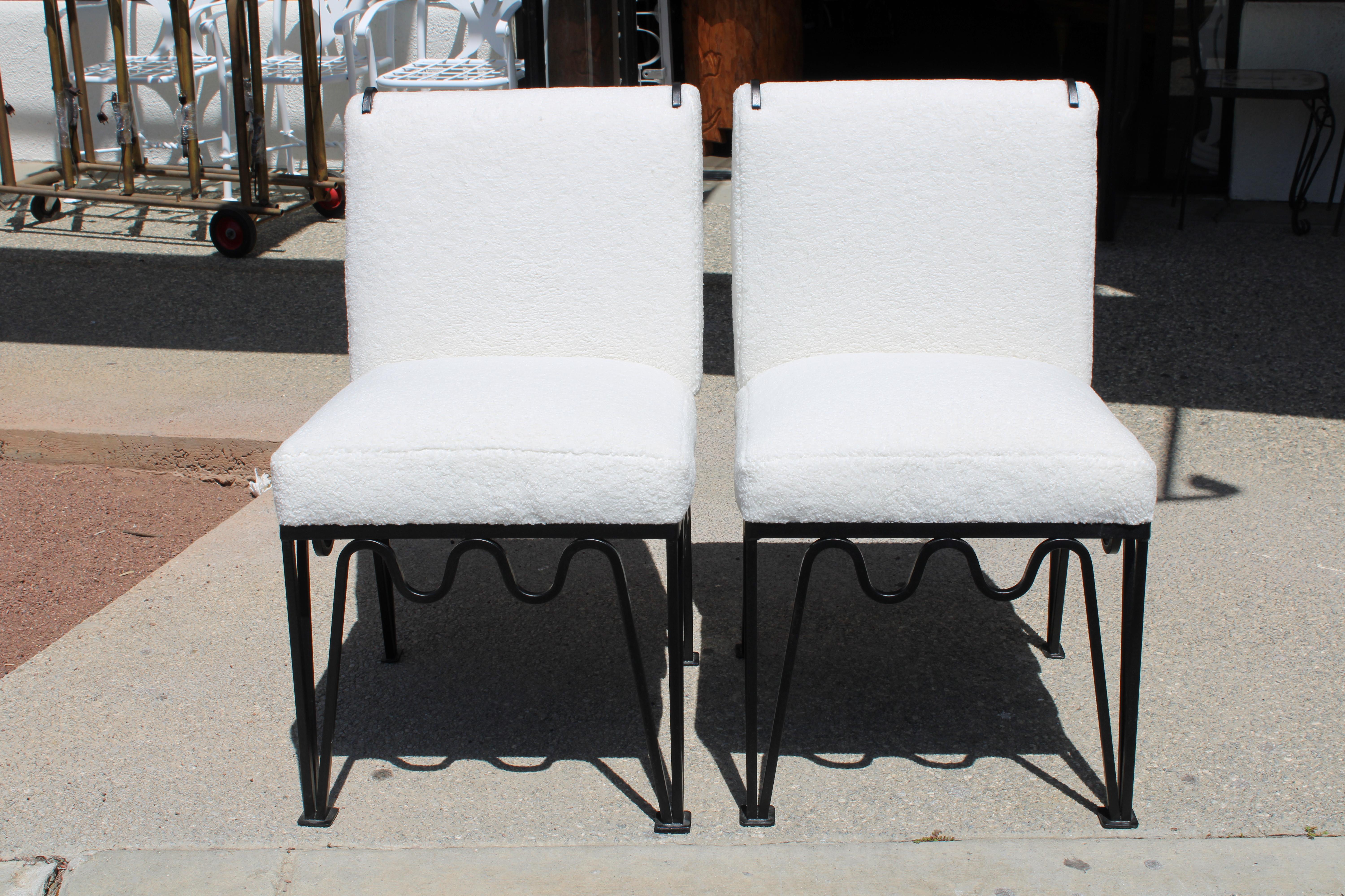 Pair of steel chairs attributed to Walter Lamb for the Los Angeles based Pacific Iron Products Company.  Frames have been professionally sand blasted and powder coated.  Chairs have been upholstered in a Knoll textile designed by Nick Cave called