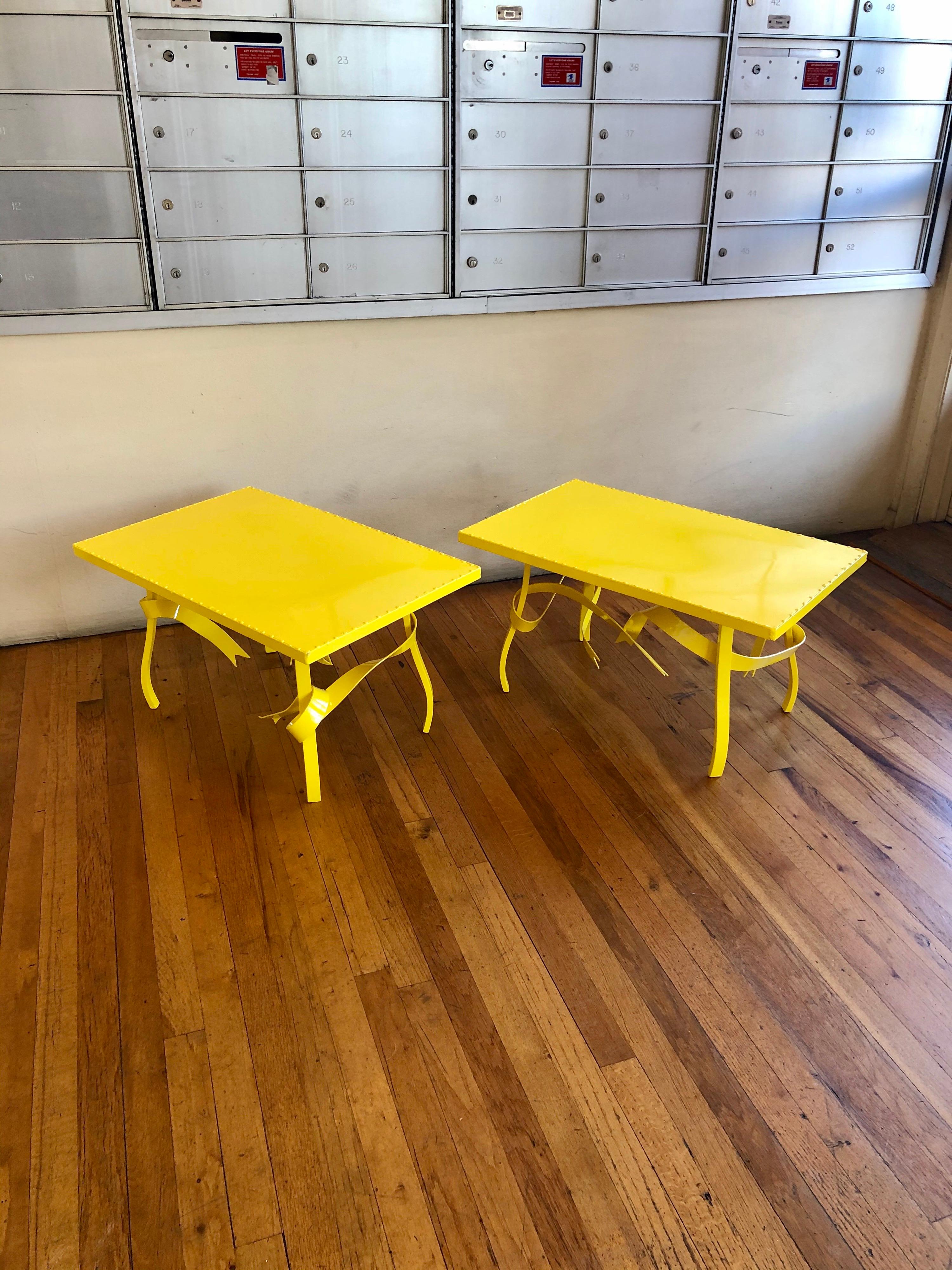 Great and rare custom made end tables circa 1980s made in San Diego California, we have freshly sandblasted and powder coated them in yellow, these pair of tables can be used indoors or outdoors.
