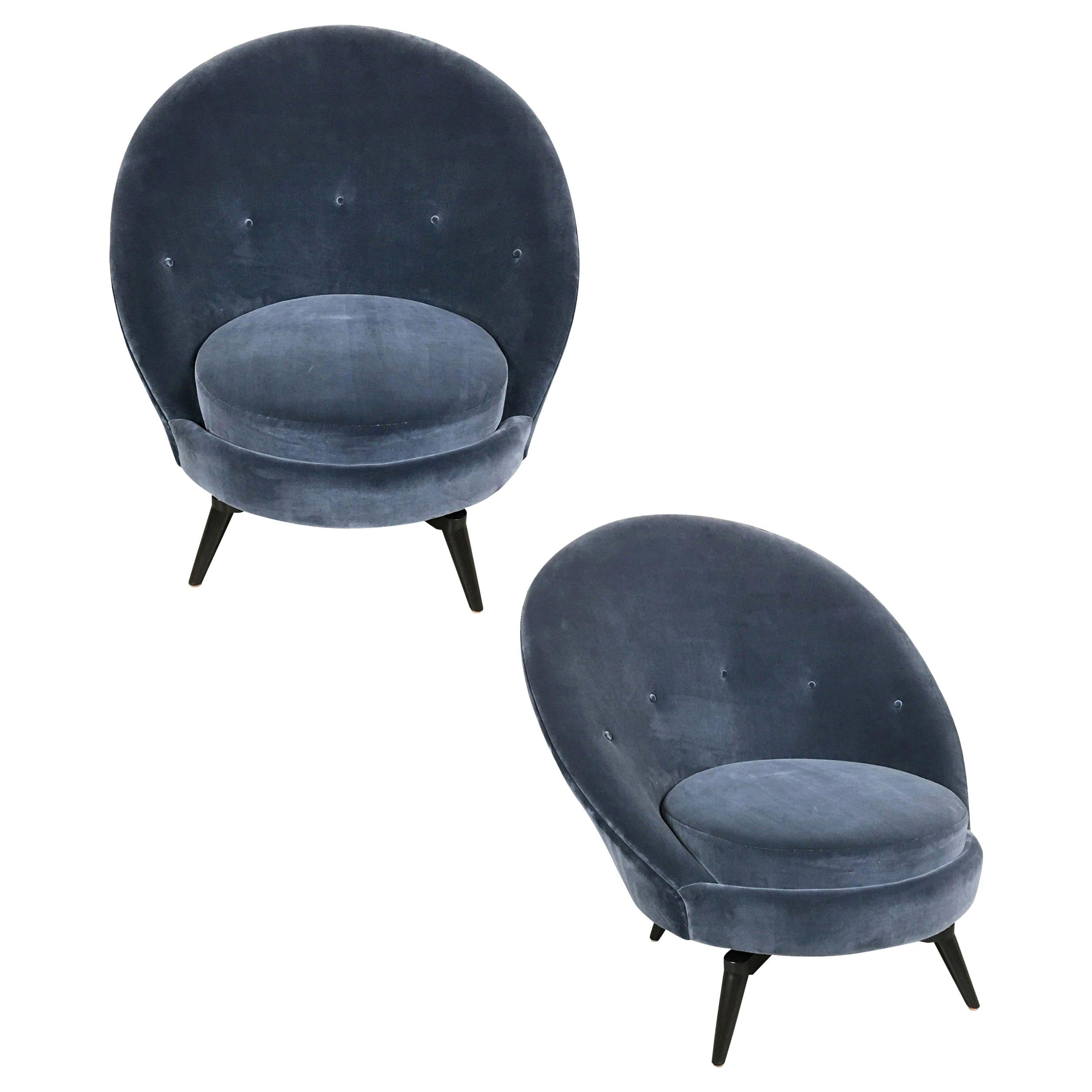 Pair of Navy Blue Velvet Swivel Club Chairs at 1stDibs