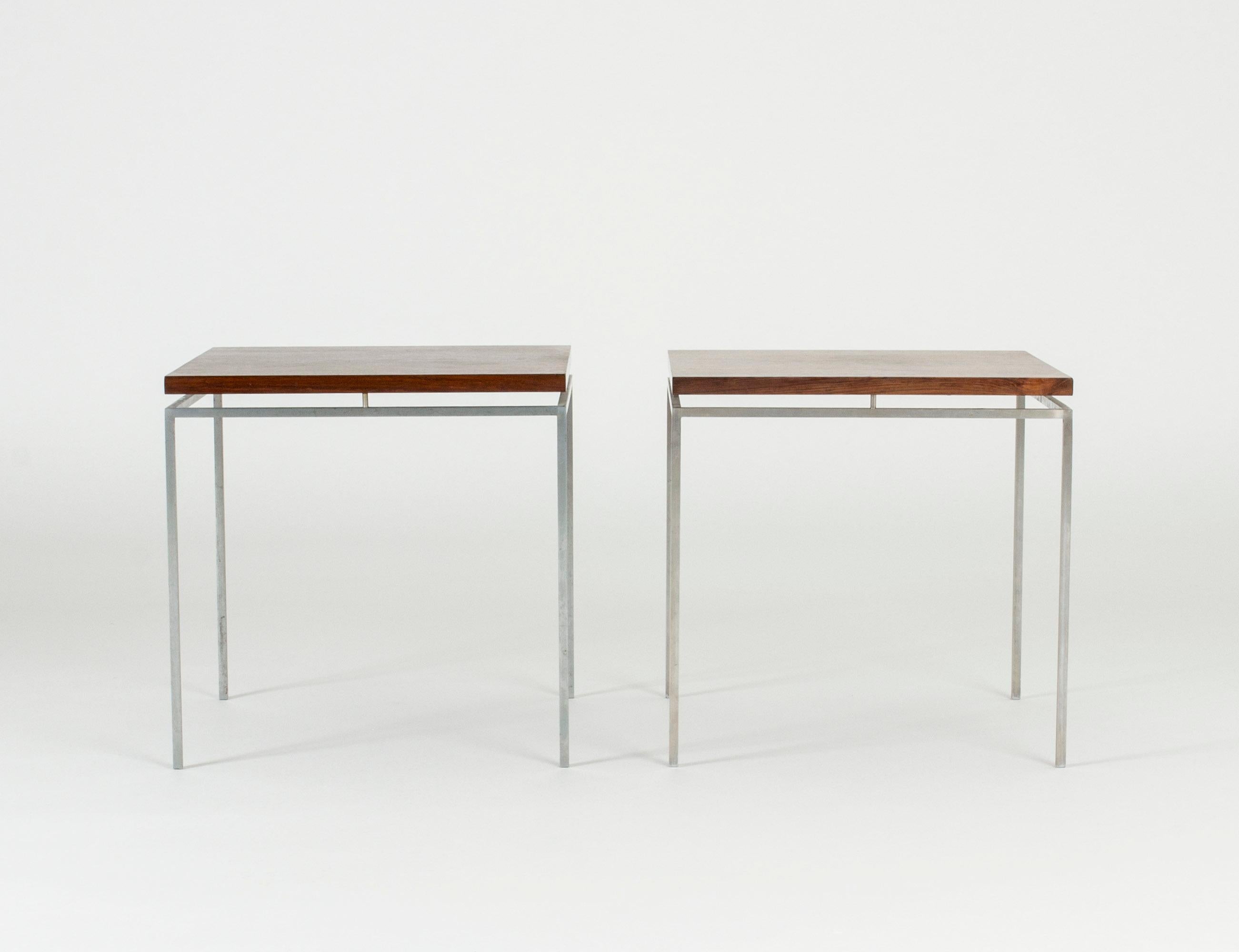 Pair of Minimalist side tables by Knud Joos, made in an angular, open design. Rosewood table tops and slender steel legs.