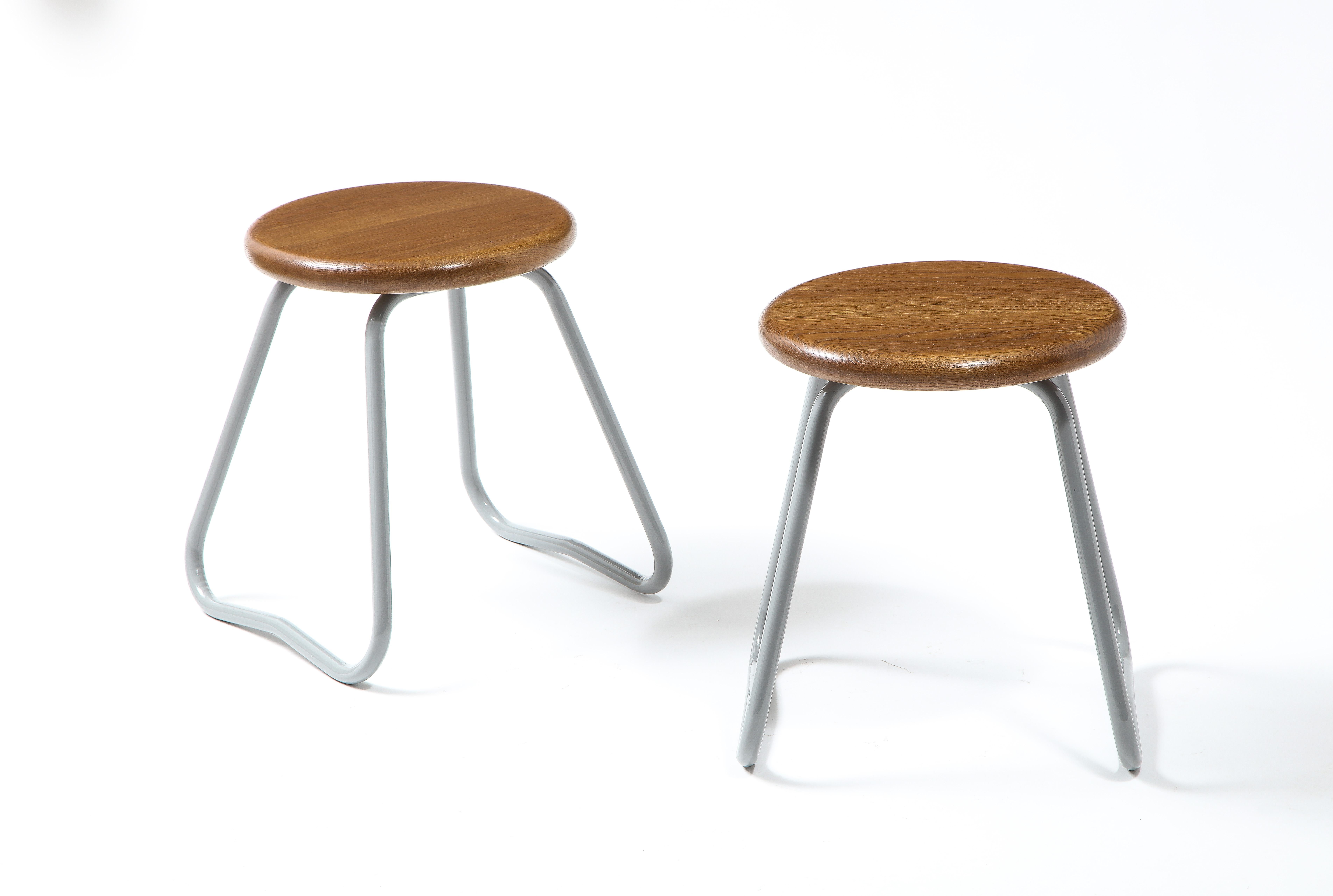 French Steel & Oak Stools, France 1960's For Sale