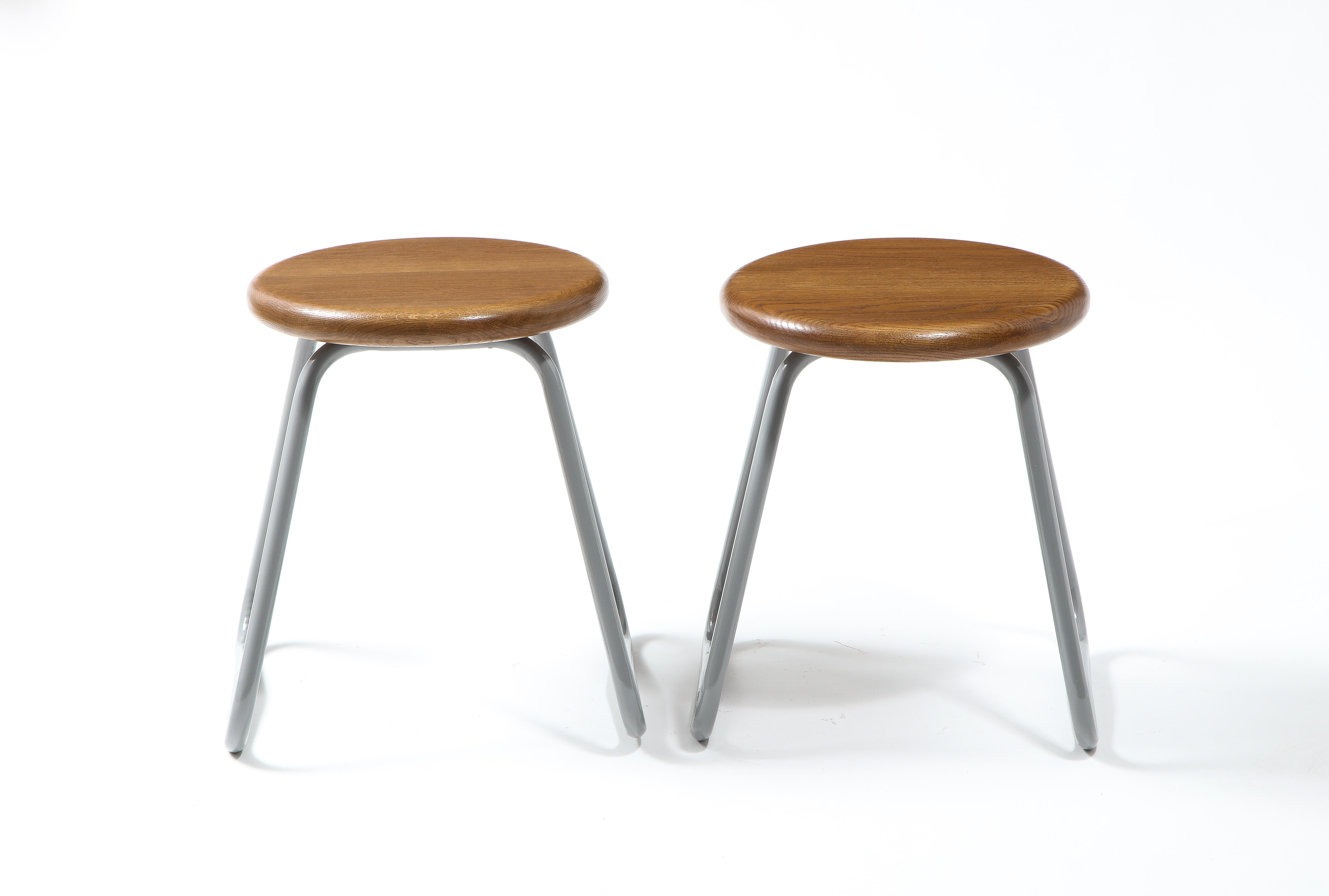 Steel & Oak Stools, France 1960's In Good Condition For Sale In New York, NY