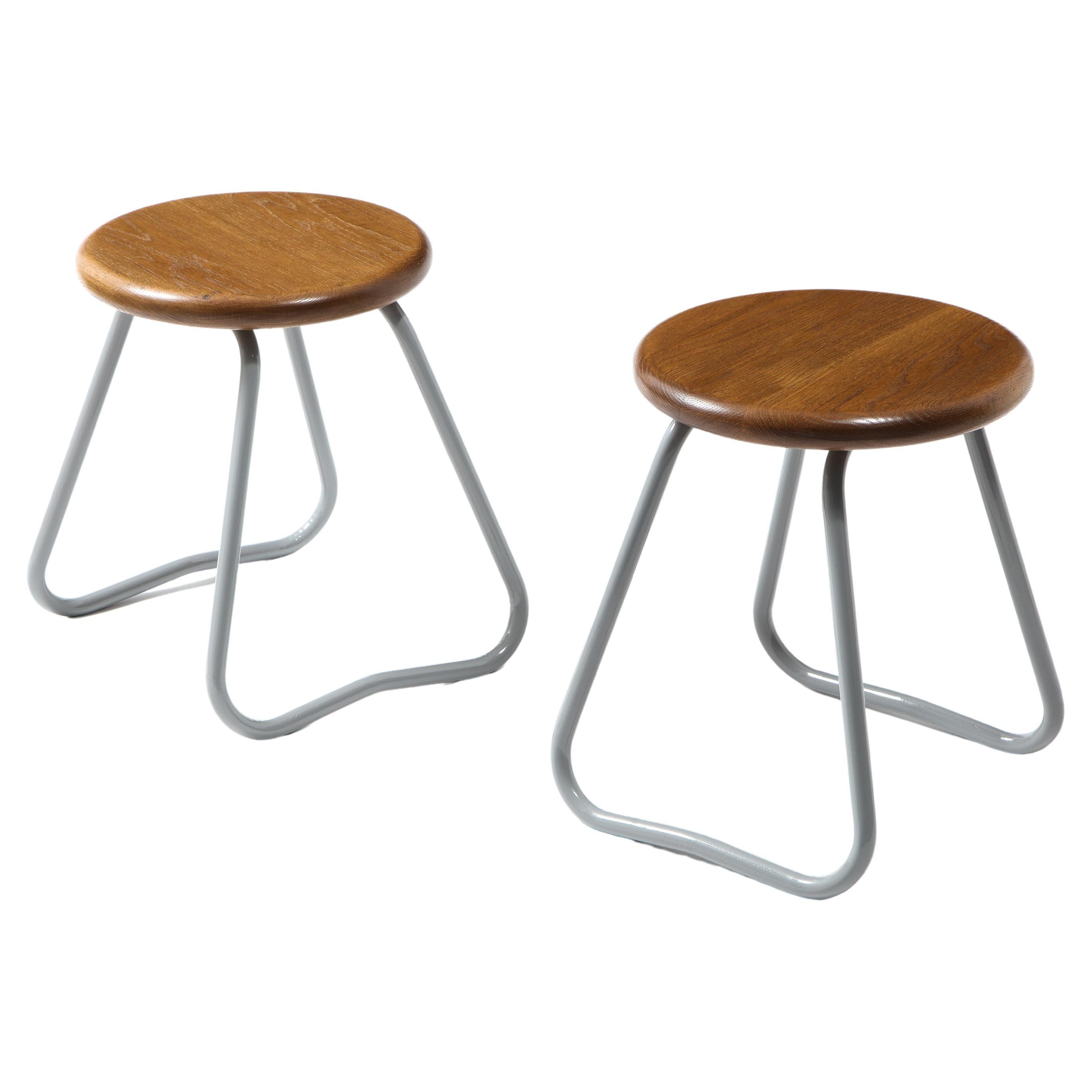 Steel & Oak Stools, France 1960's For Sale