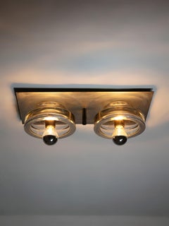 Coppia di lampade da soffitto in acciaio e vetro massiccio, Italia, anni '70
