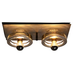 Coppia di lampade da soffitto in acciaio e vetro massiccio, Italia, anni '70