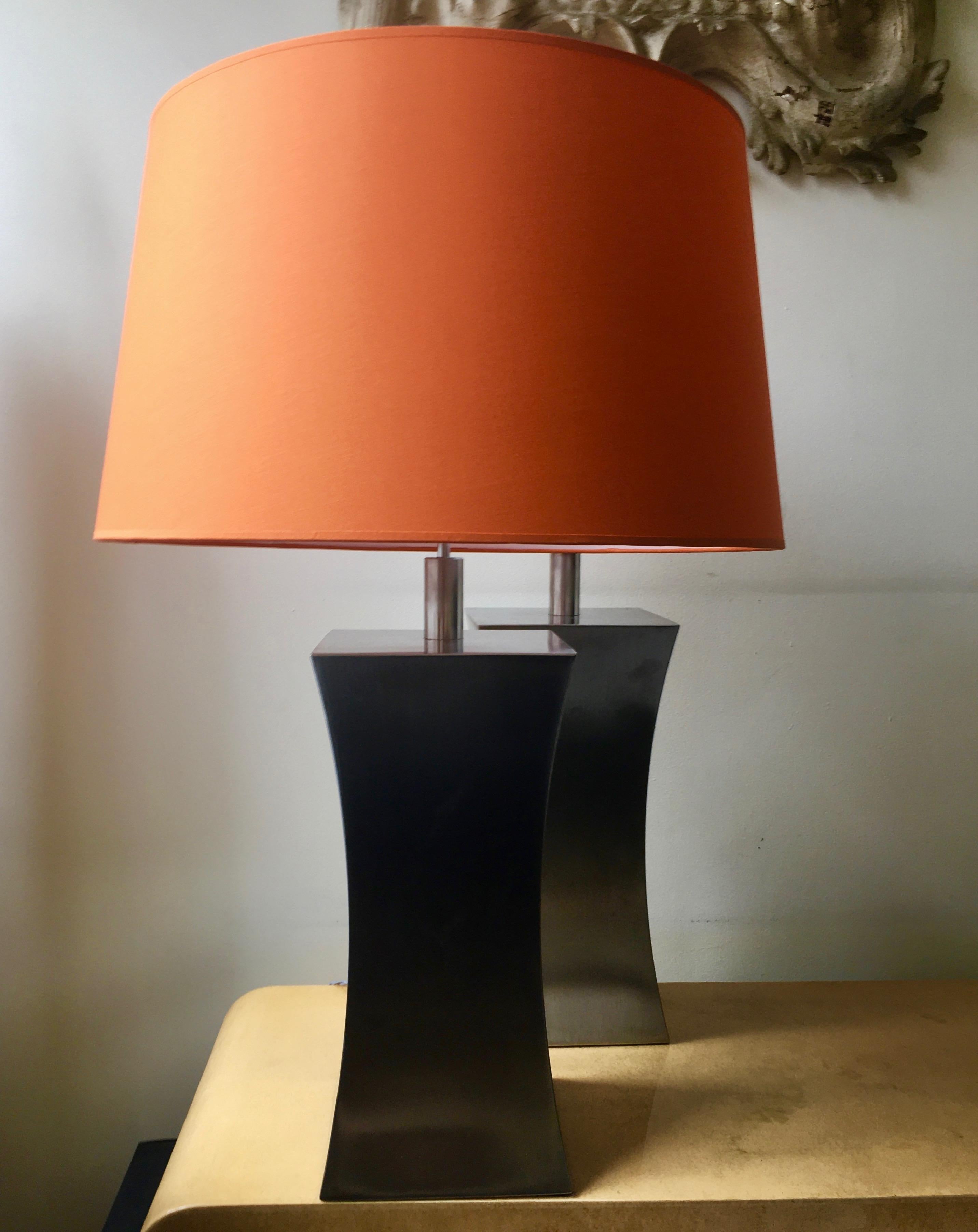 Stainless Steel Pair of Steel Table Lamps with Orange Lampshades by Françoise Sée, France, 1970
