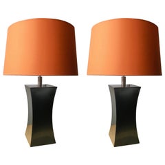 Pair of Steel Table Lamps with Orange Lampshades by Françoise Sée, France, 1970